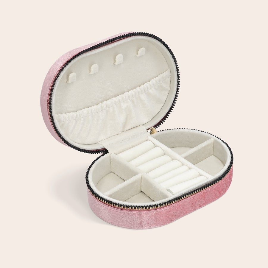 Personalised jewellery box Personalised jewellery box - Oval - Pink, soft velvet with internal compartments and ring rolls, ready for custom text or design.