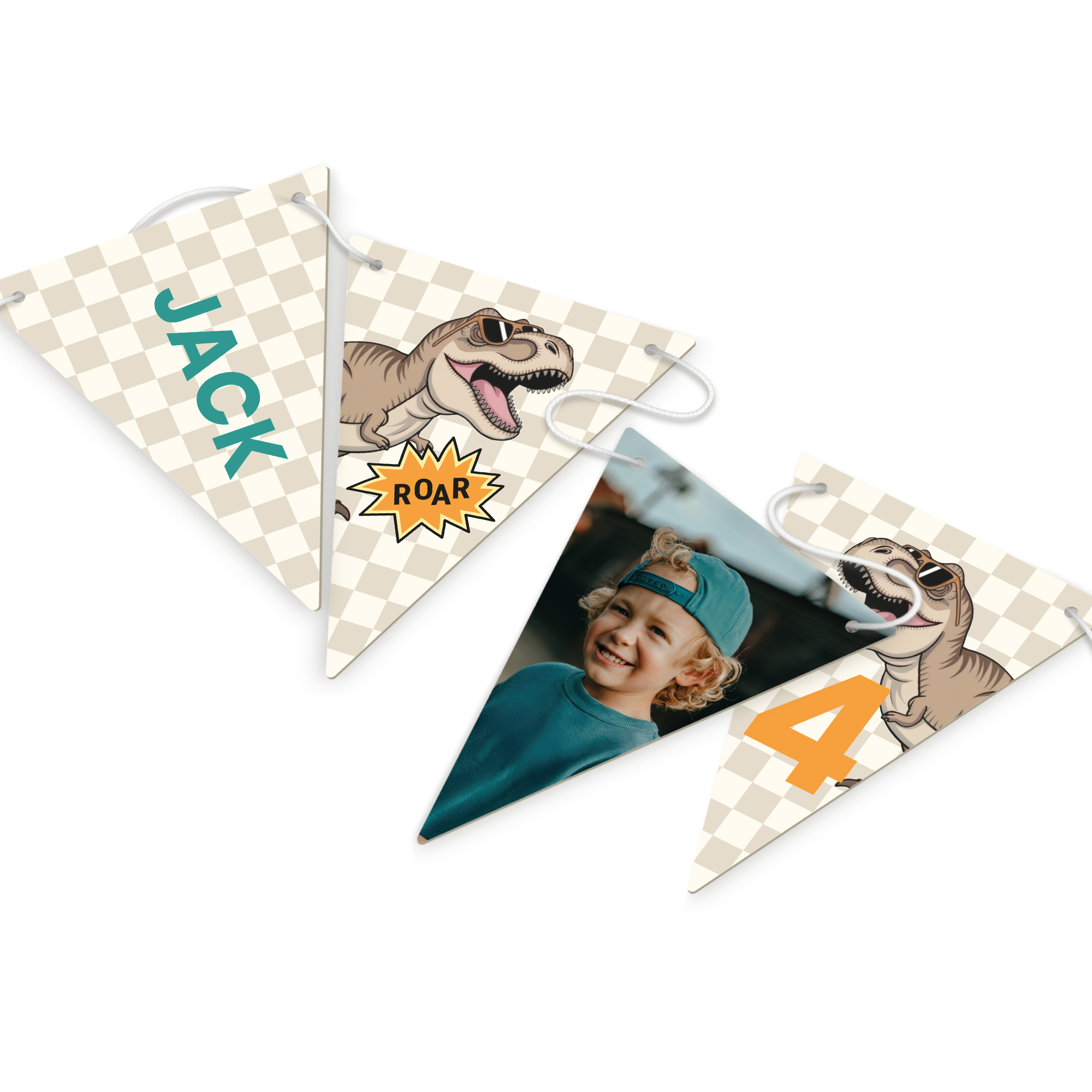 Personalised garland - Triangle - M - 5m printed with "Jack", a dinosaur, a photo, and the number 4