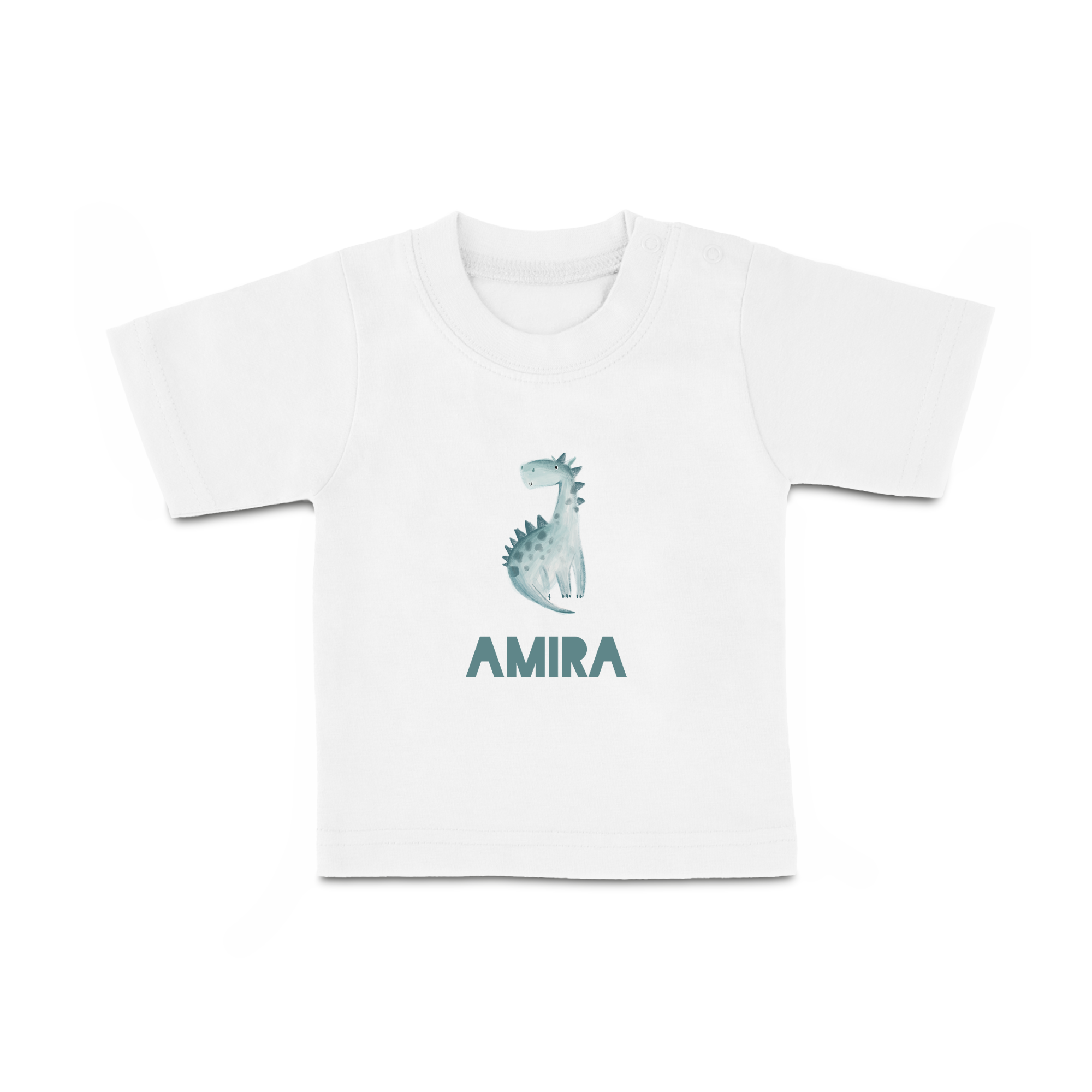 Wit baby shirt met naam Amira en dinoprint, gepersonaliseerd met foto of tekst