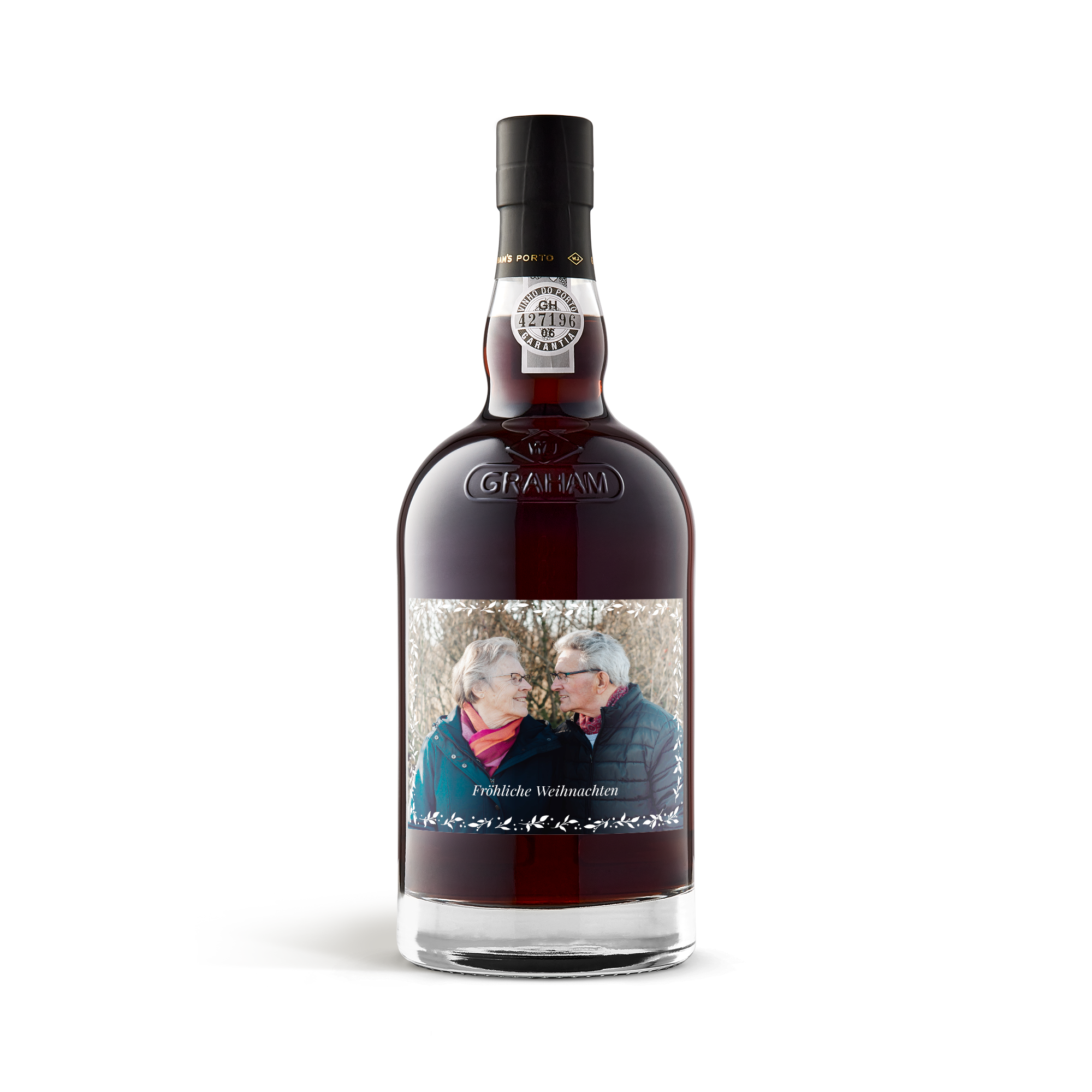 Flasche Graham's 10 Years Cask Matured Portwein mit personalisiertem Etikett das ein Foto und den Text "Fröhliche Weihnachten" zeigt