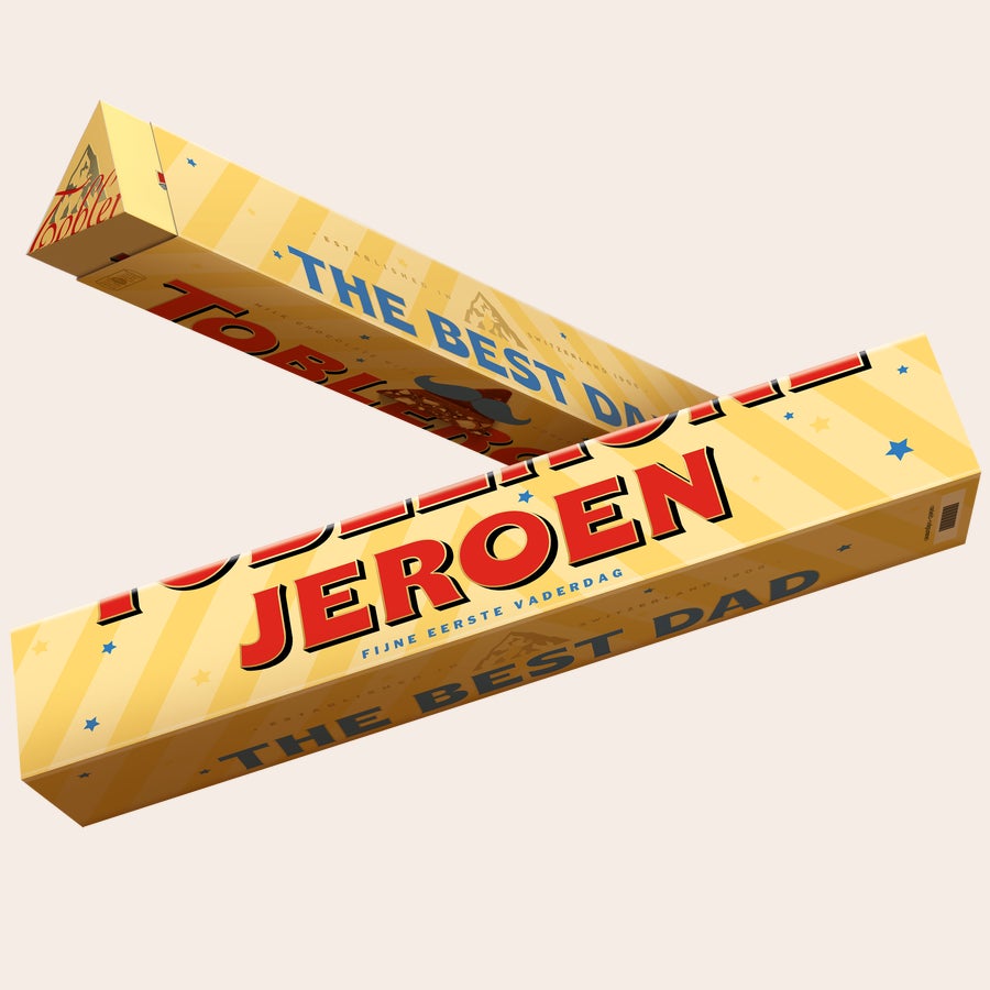 Toblerone Vaderdag met naam Gepersonaliseerde Toblerone reep met de naam Jeroen, tekst Fijne Eerste Vaderdag en The Best Dad, bedrukt.