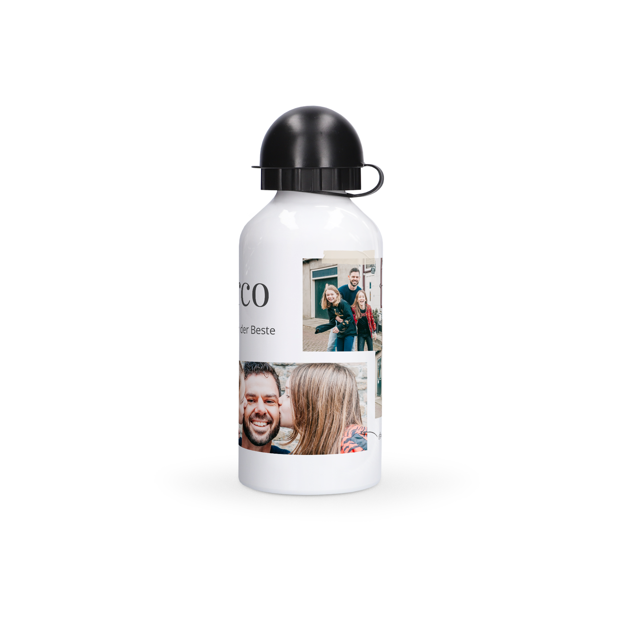 Weiße bedruckte Trinkflasche mit eigenem Entwurf, zwei Fotos und dem Text Rico der Beste