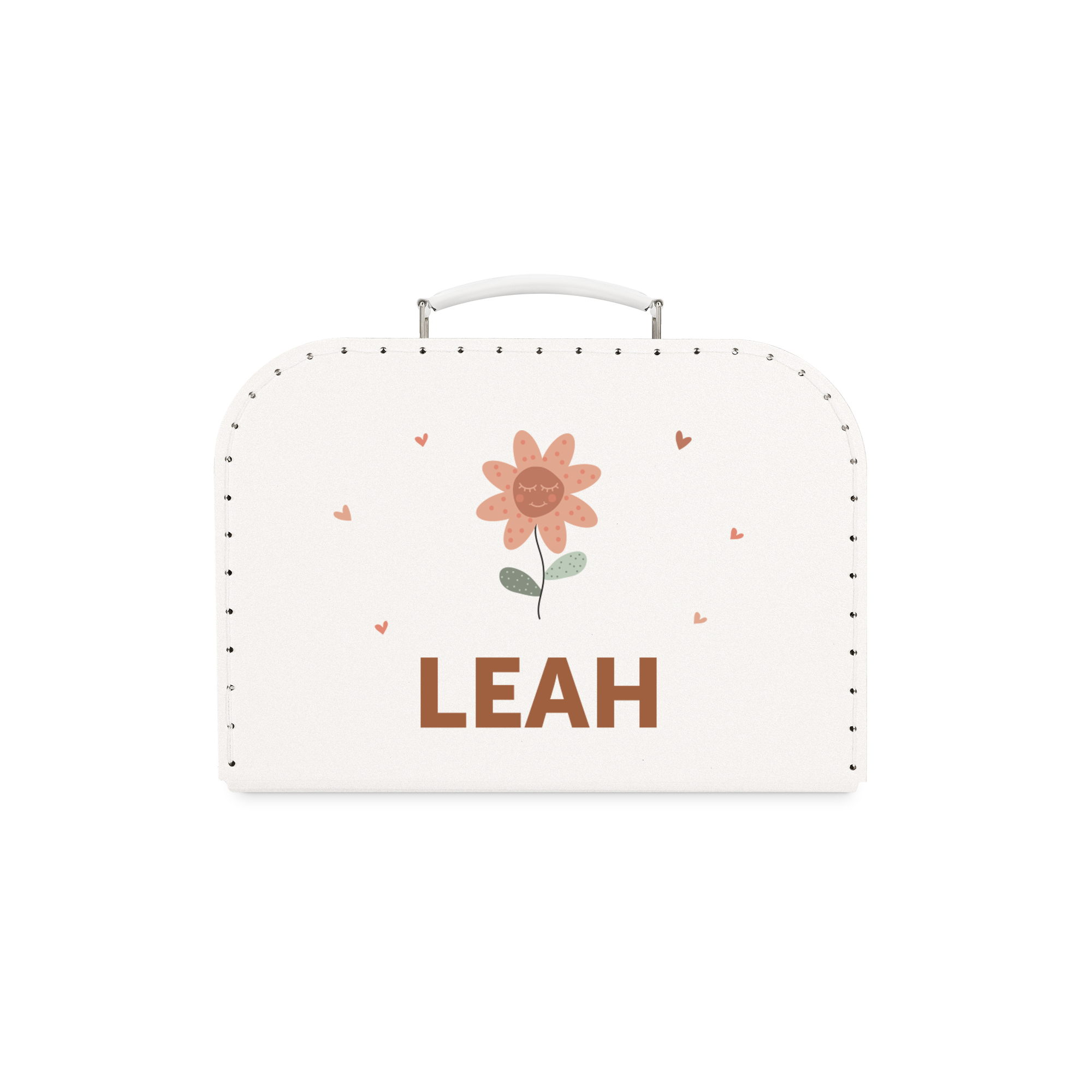 Personlig lekekoffert i hvit, trykket med navn "LEAH" og et rosa blomstermotiv, en reisefølge som er unikt for dem.