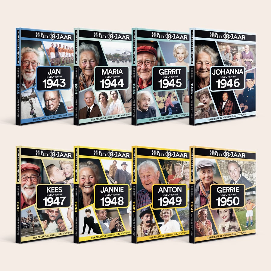Geboortejaar boek - Mijn eerste 18 jaar Collectie gepersonaliseerde boeken Mijn Eerste 18 Jaar met namen als Jan en Maria, gedrukt met geboortejaar.
