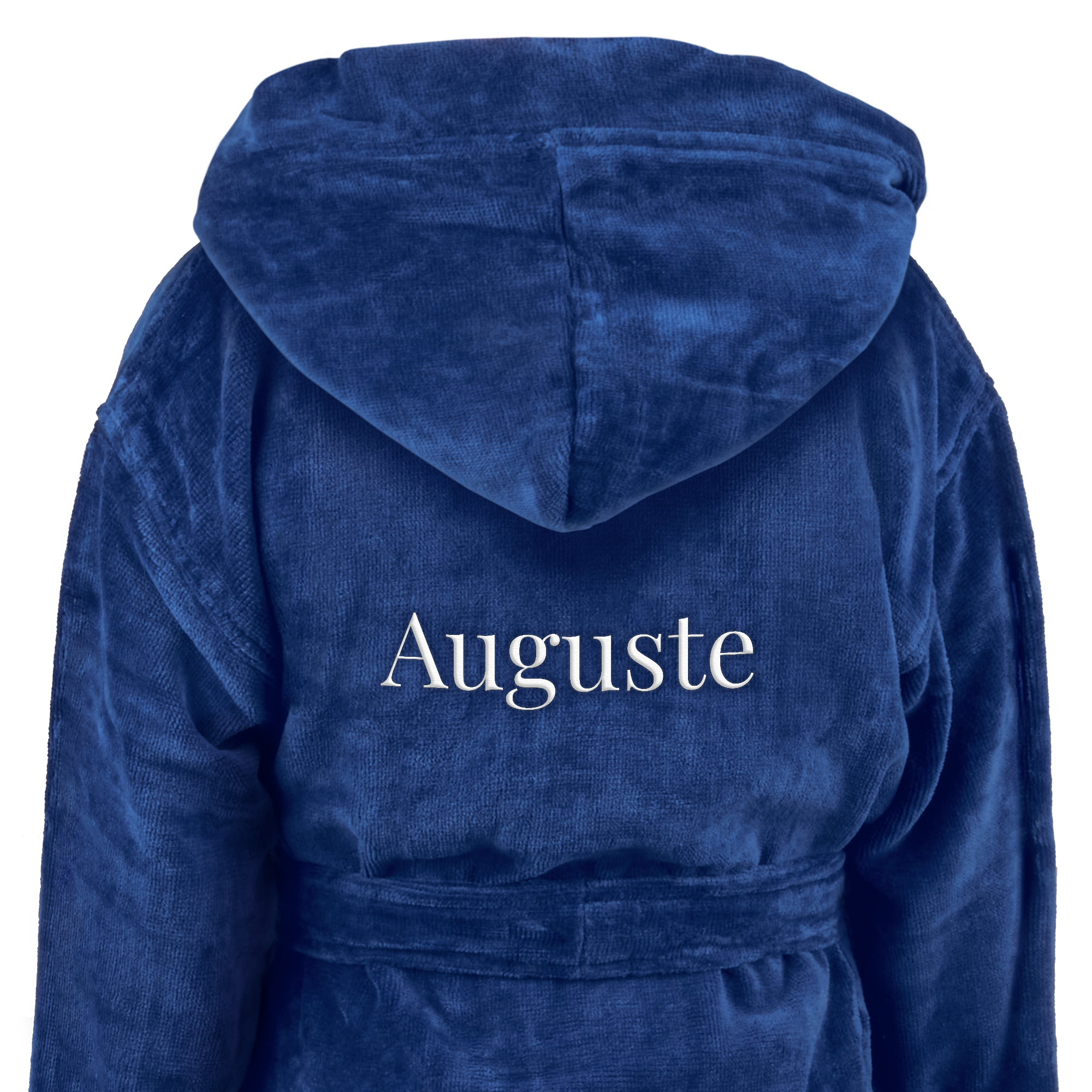 Peignoir super doux bleu marine pour enfant avec nom Auguste brodé, un cadeau personnalisé.