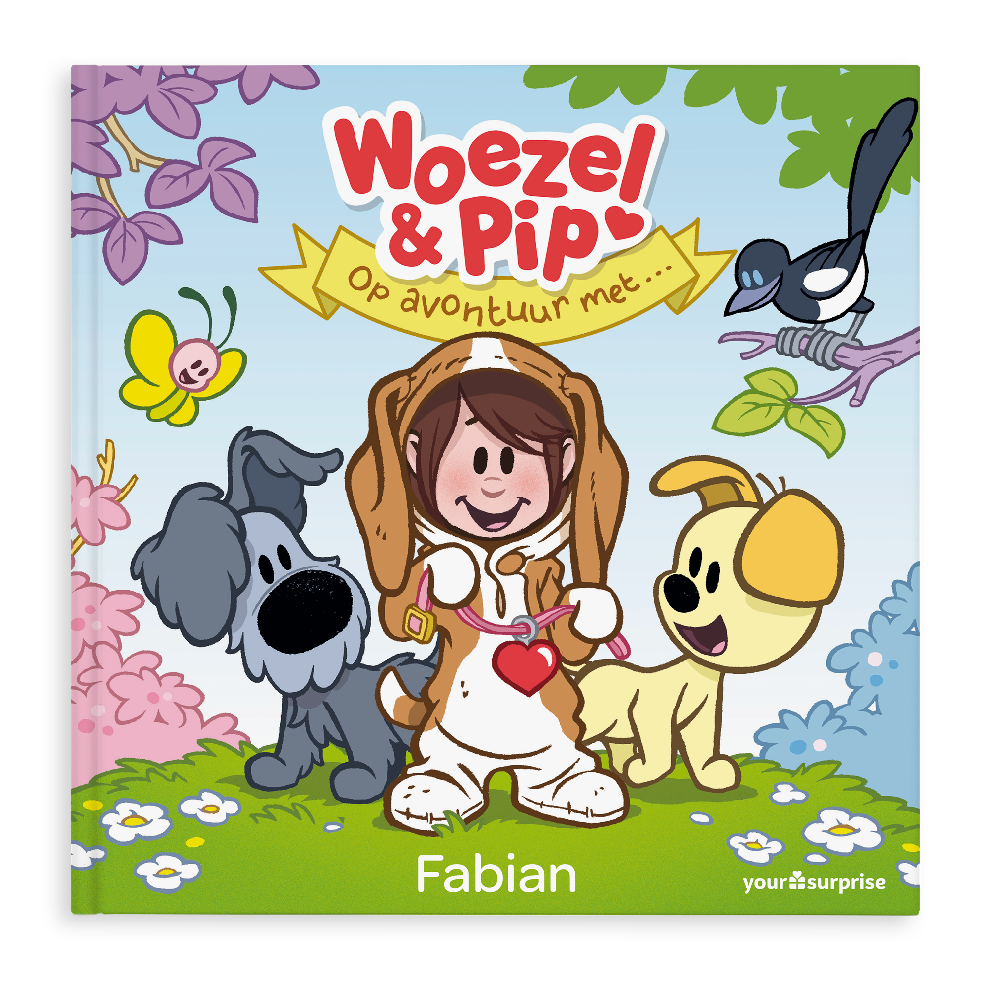 Gepersonaliseerd Woezel & Pip-boek met naam Fabian, de Woezel & Pip-hondjes en een kindje in een hondenpak, om voorlezen nog magischer te maken.