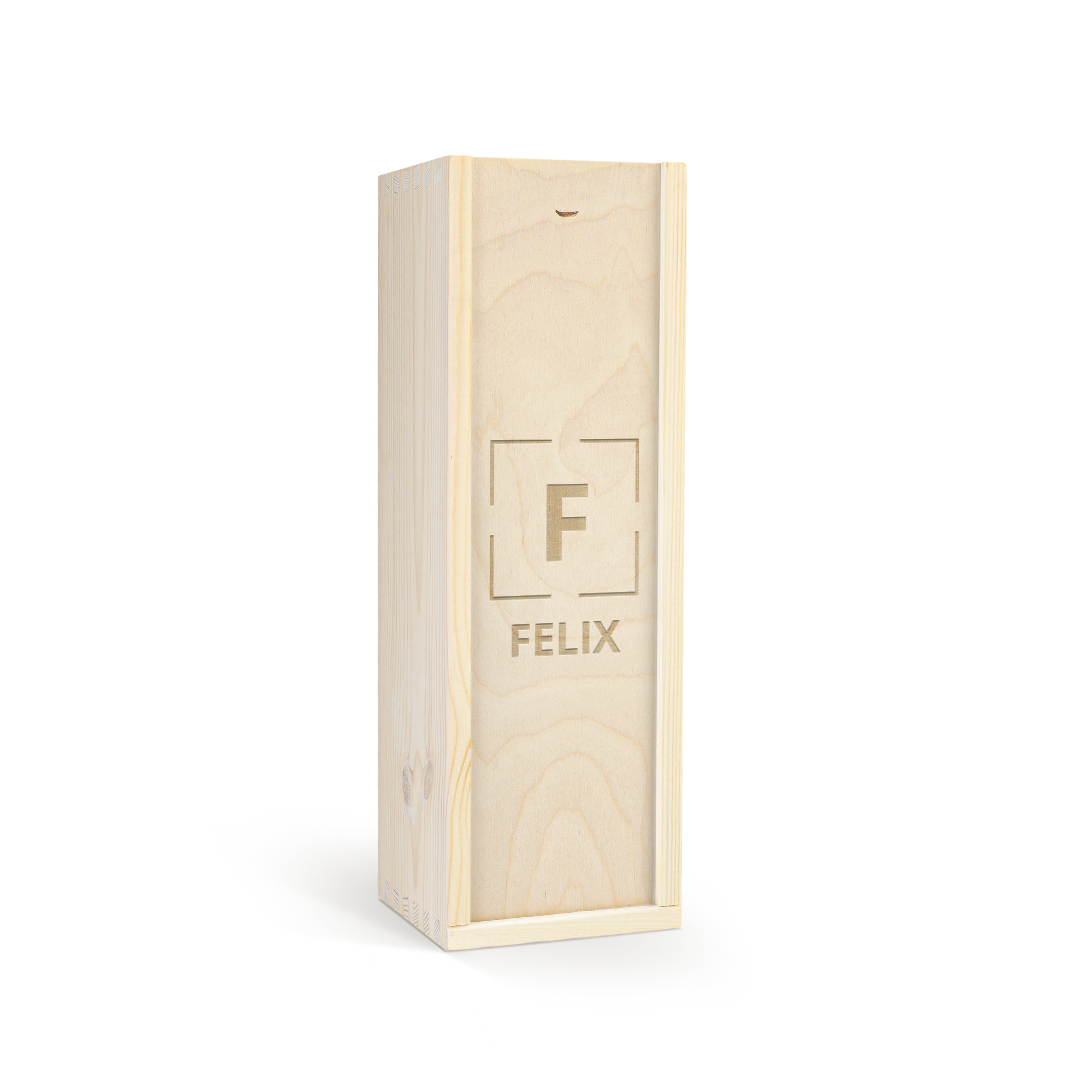Holzkiste für Vintense Blanc mit Gravur von Initial F und dem Namen FELIX, das perfekte Weingeschenk