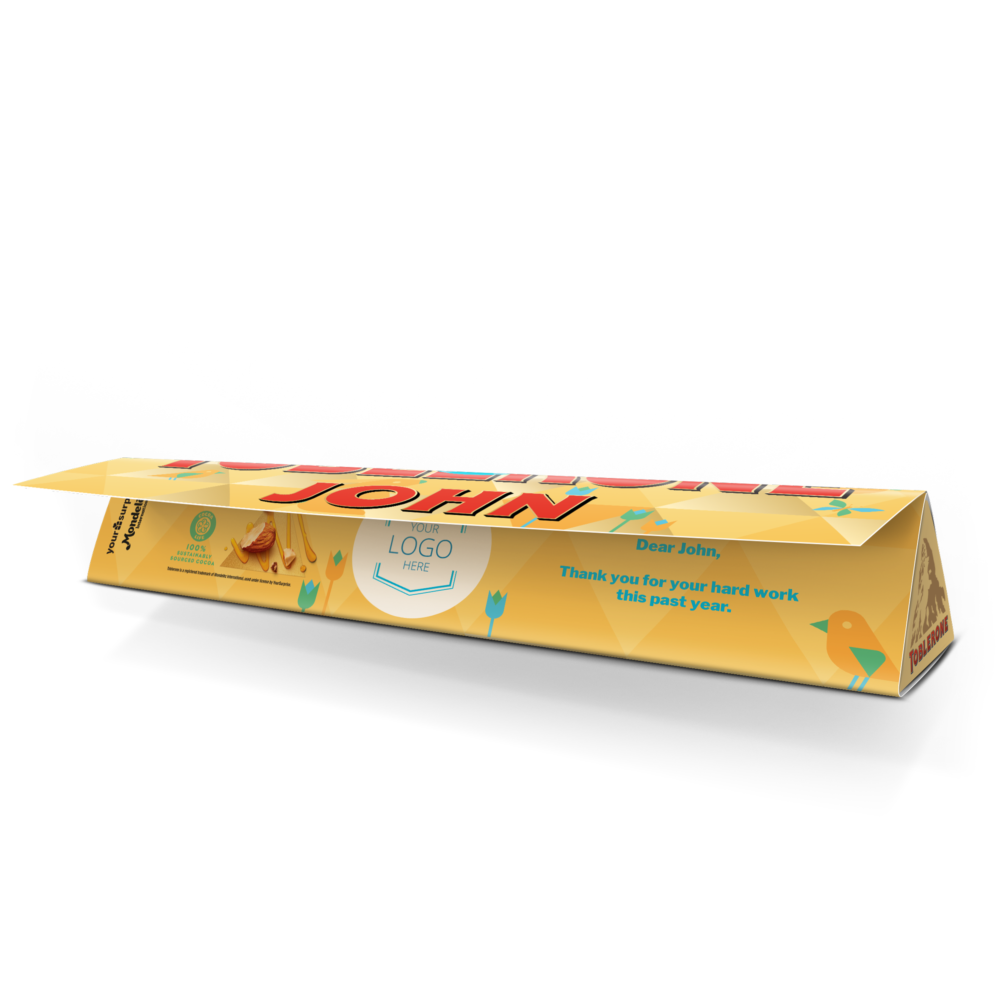 Velikonoční Toblerone čokoláda s potiskem jména "John" a zprávy "Thank you for your hard work this past year" s prostorem pro vlastní fotku nebo logo.