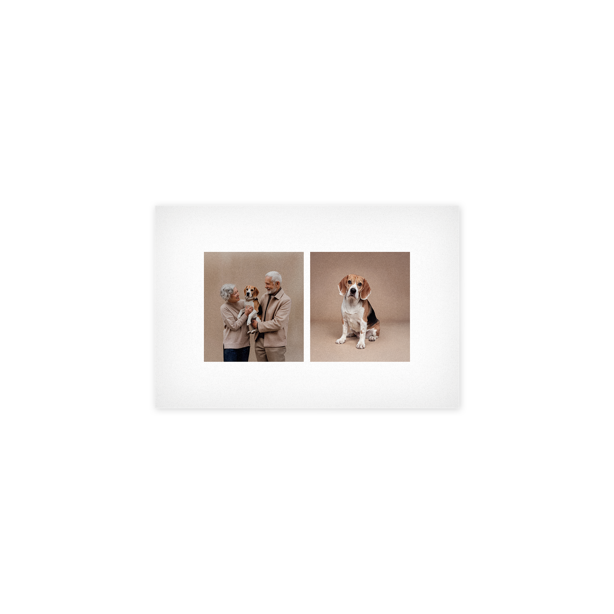 Uma foto no forex retangular, com duas imagens impressas de um casal de idosos com um beagle e o mesmo beagle sozinho, ideal para presente personalizado