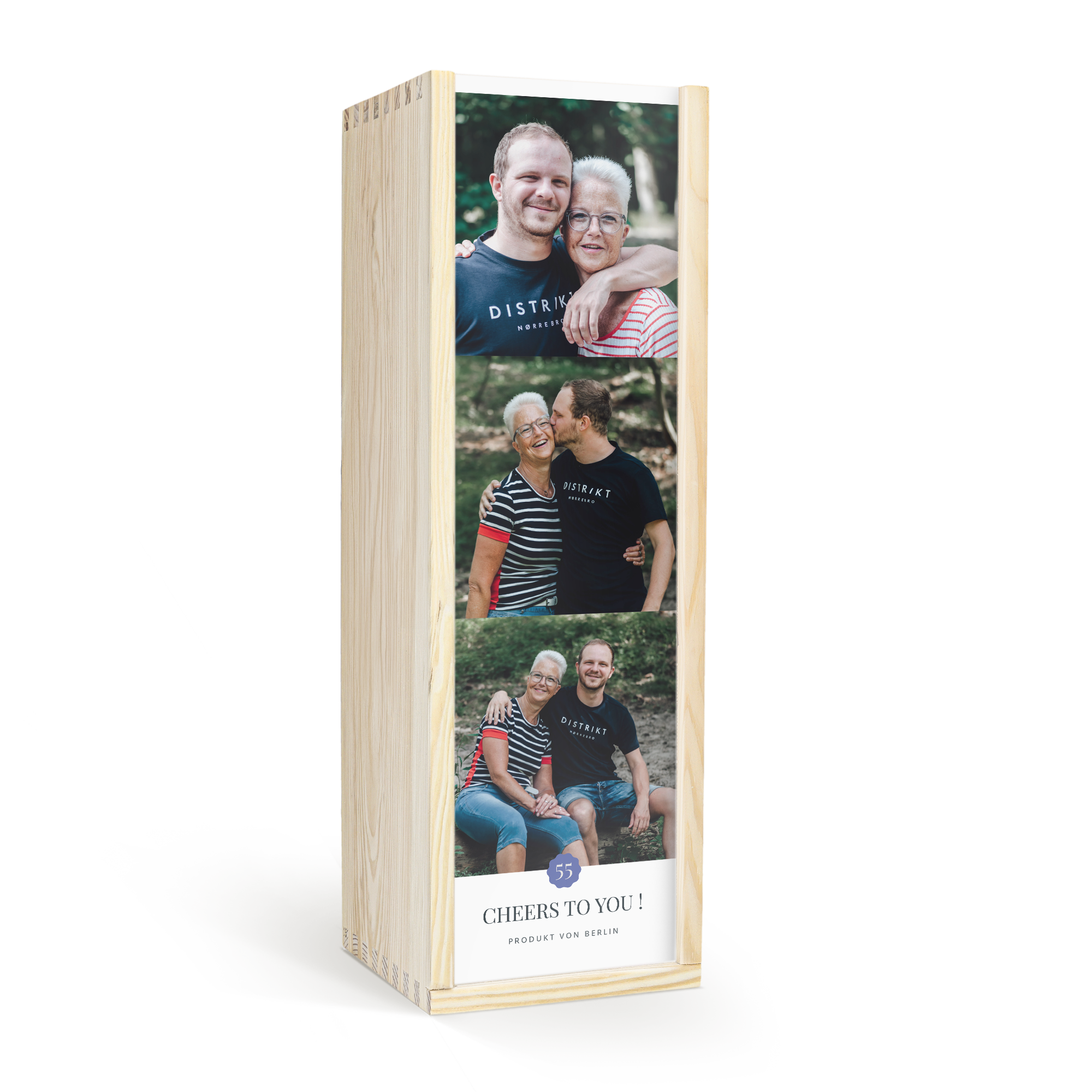 Holzkiste mit drei personalisierten Fotos und dem Text Cheers To You bedruckt zum Verschenken einer Flasche Graham´s The Tawny Reserve.