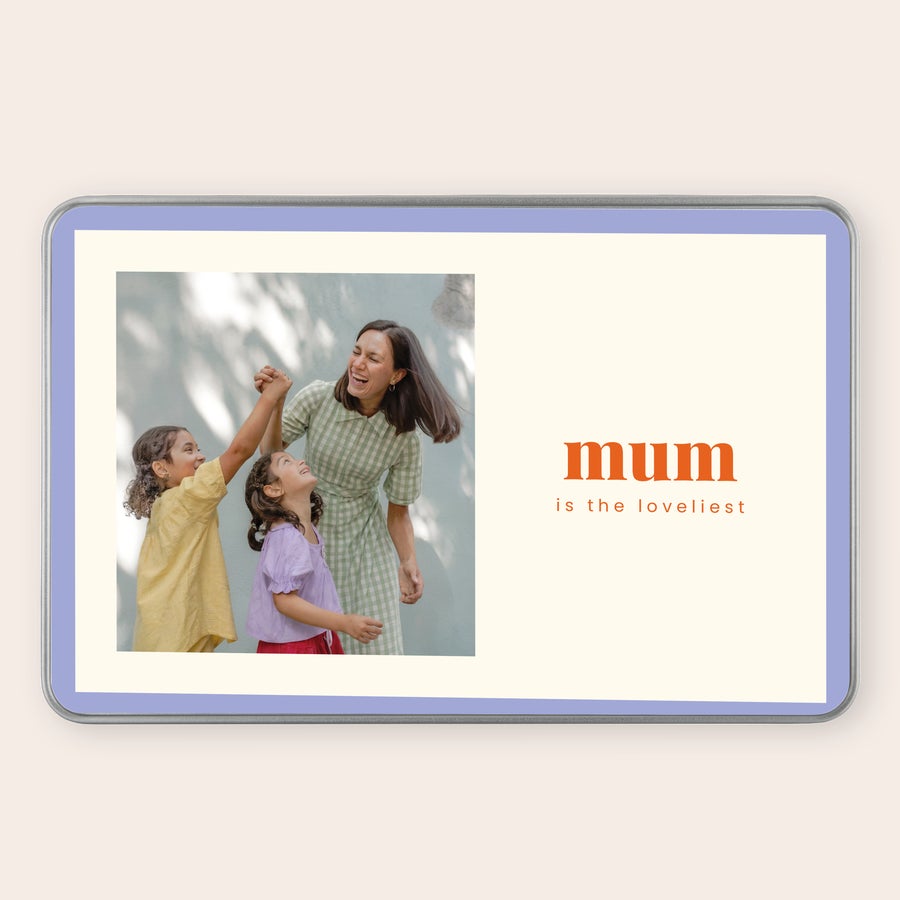 Personalised Côte d'Or biscuit tin Personalised gift tin with a photo of a mother and two children, and the text Mum is the loveliest