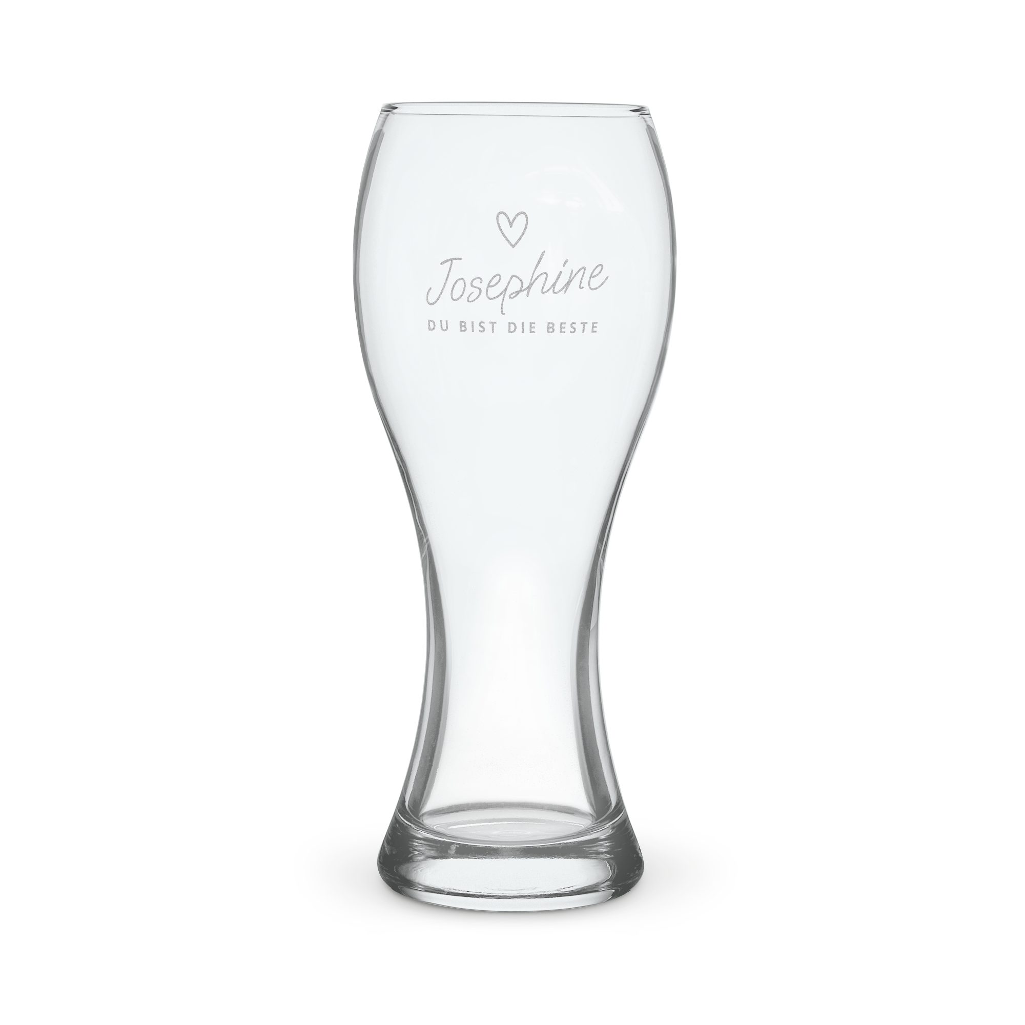 Personalisiertes Weizenbierglas mit Gravur eines Herzsymbols, dem Namen Josephine und dem Text "DU BIST DIE BESTE"