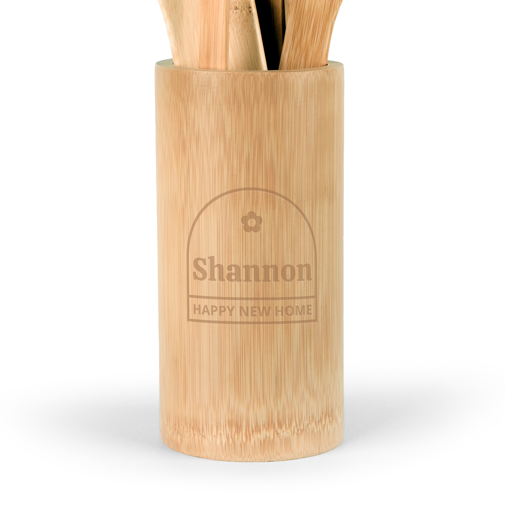 Personalized bamboo kitchen utensils holder engraved with the name Shannon and Happy New Home