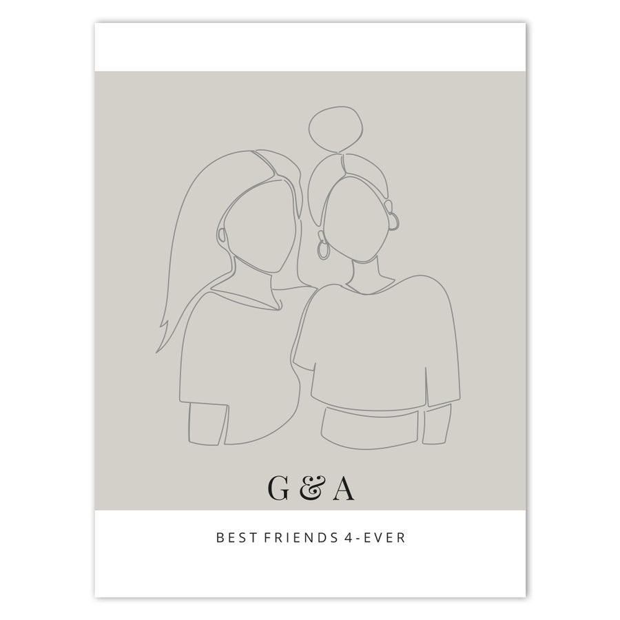 Persoonlijke poster met lijntekening van twee vriendinnen, letters G&A en tekst BEST FRIENDS 4-EVER gedrukt.