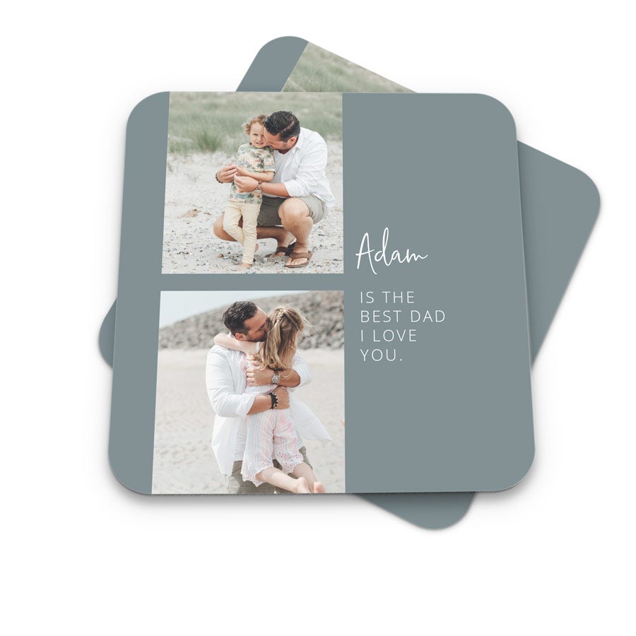 Personalizované podtácky s fotografií muže a dítěte, jménem Adam a textem "IS THE BEST DAD I LOVE YOU"
