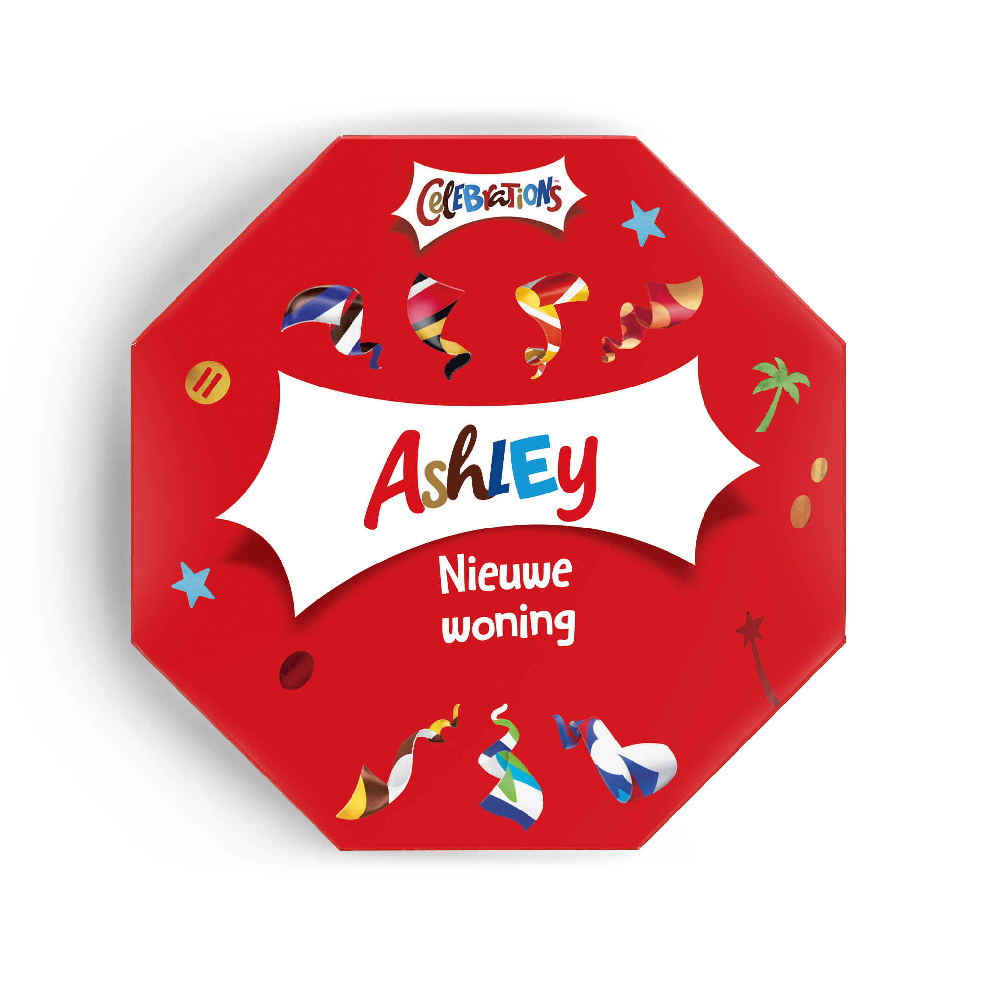 Rode gepersonaliseerde Celebrations box met naam Ashley en tekst Nieuwe woning, bedrukt in thema feest.