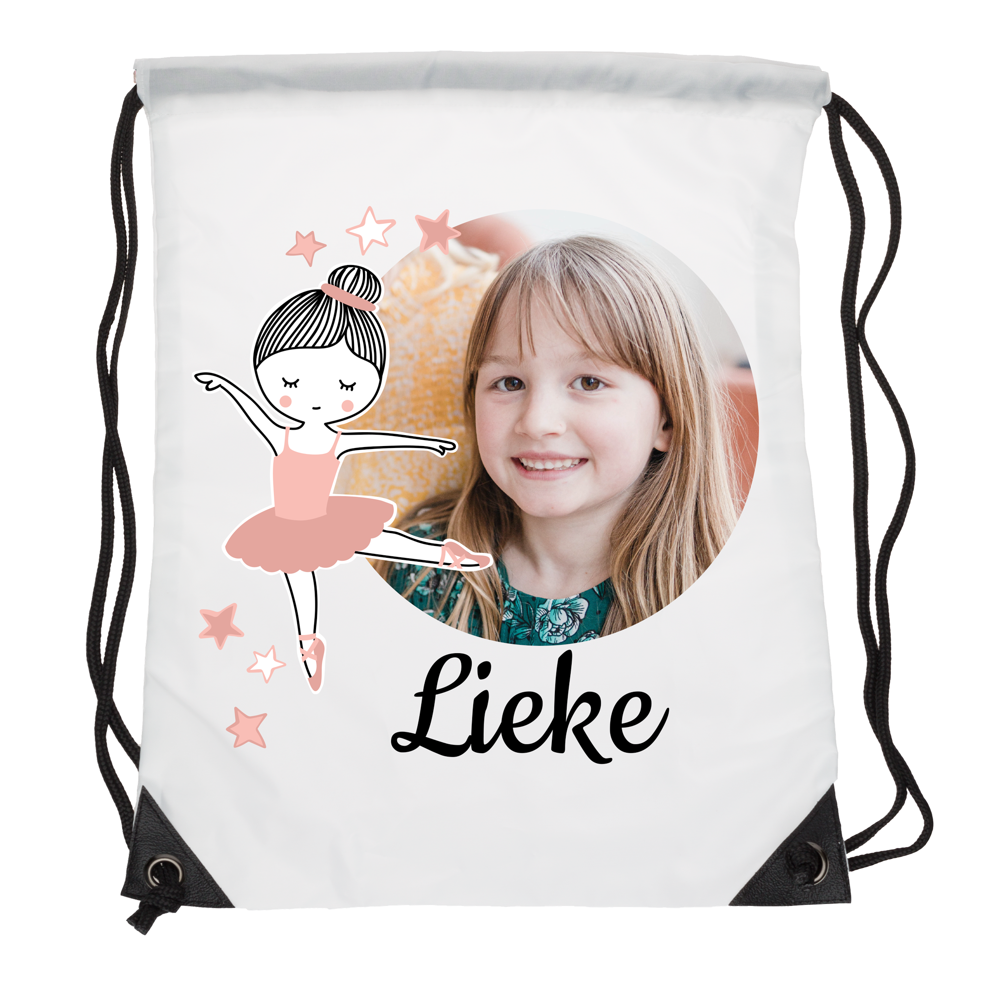 Witte gepersonaliseerde gymtas bedrukt met foto van een lachend meisje, een danseresje en de naam Lieke.