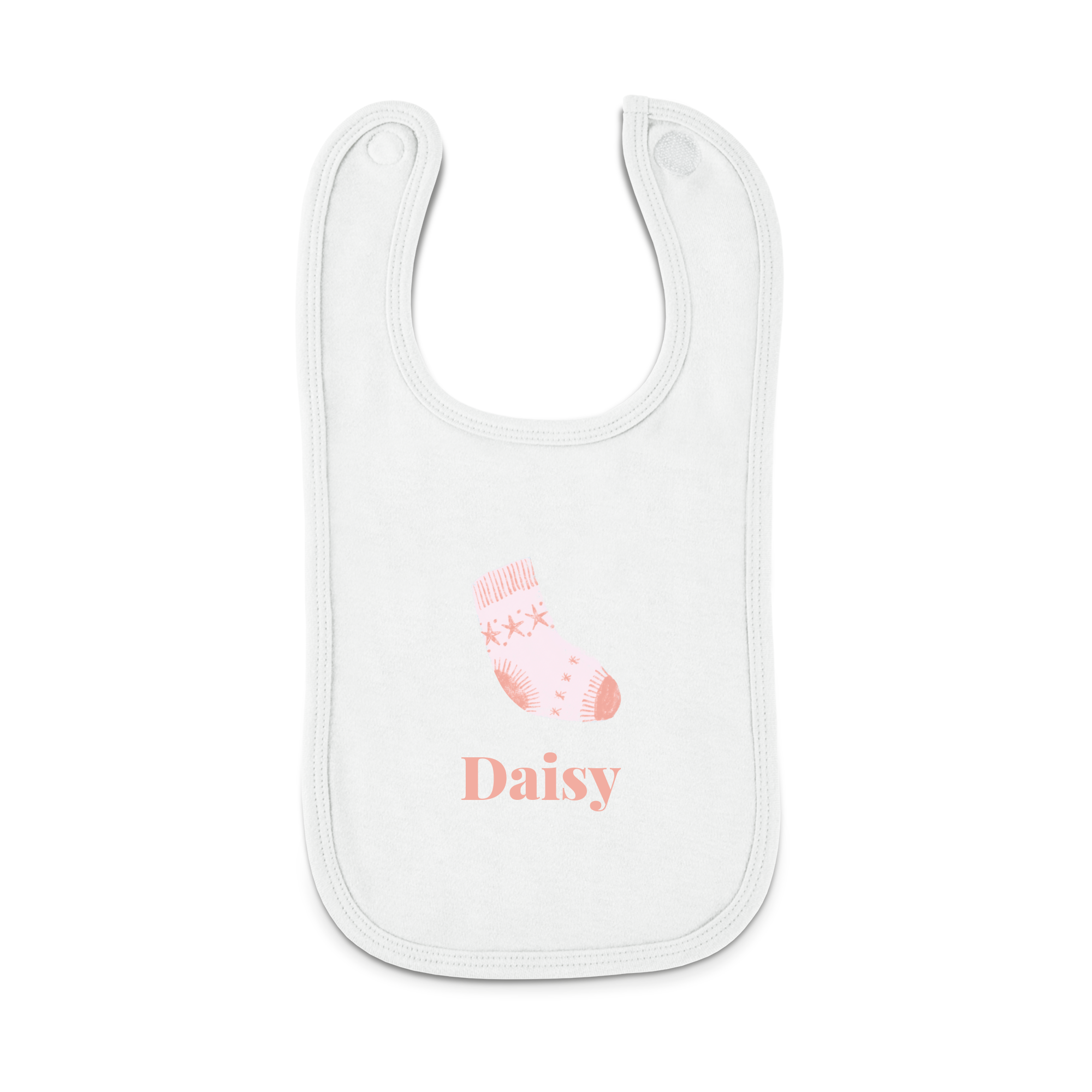 Babero personalizado blanco para bebé con estampado de calcetín rosa y el nombre Daisy