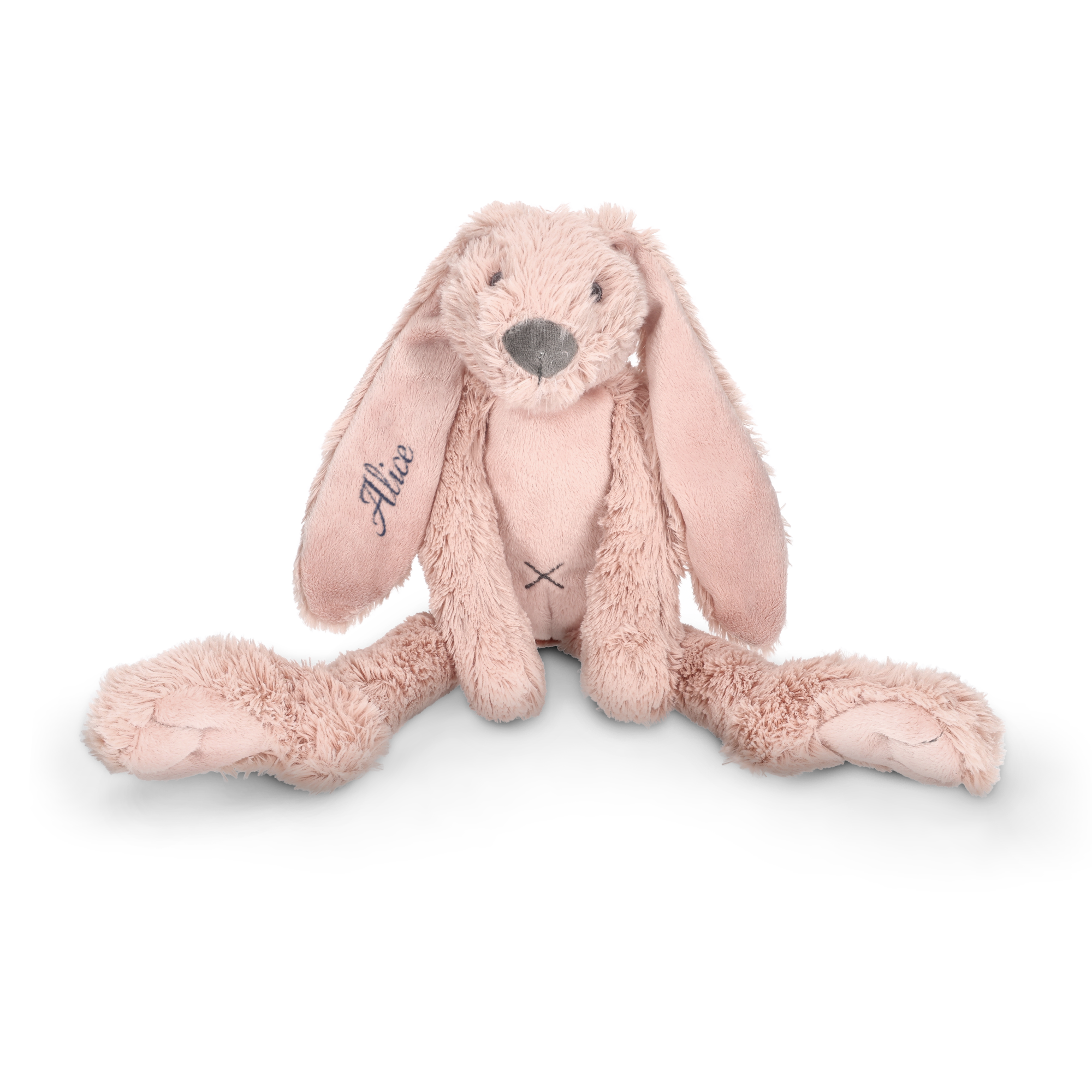 Coelho Richie de pelúcia rosa, com o nome "Alice" bordado na orelha esquerda, presente personalizado.