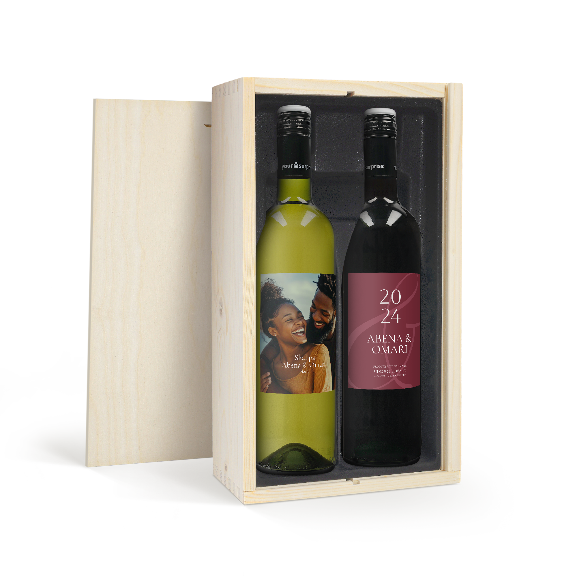 Vin gaveæaske med personlig etikette og trækasse - Maison de la Surprise (rød/hvid/rosé)