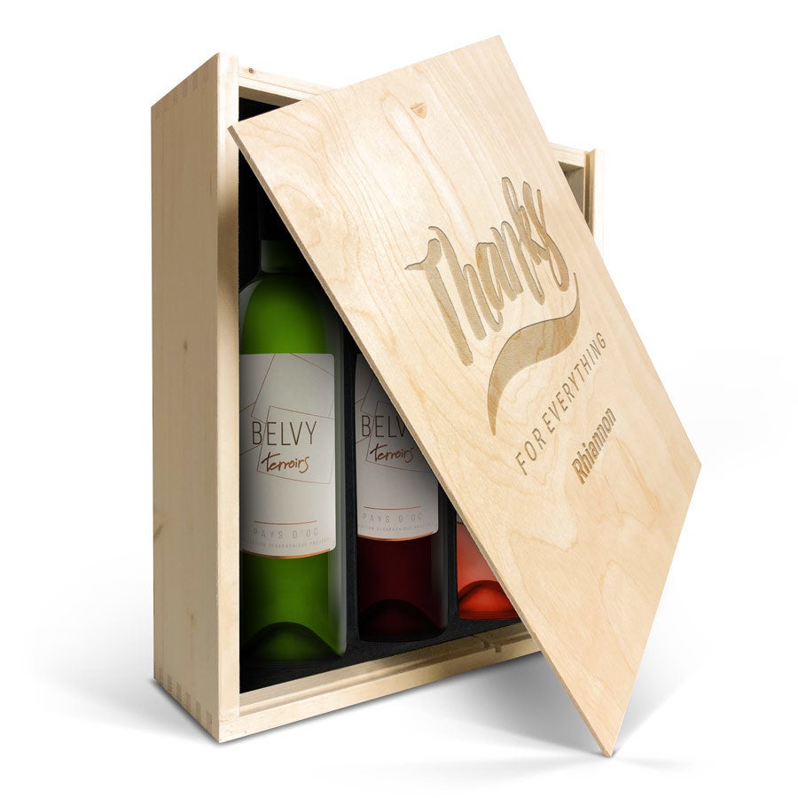 Personalised wine gift - Belvy - White, red and rose - Engraved wooden case