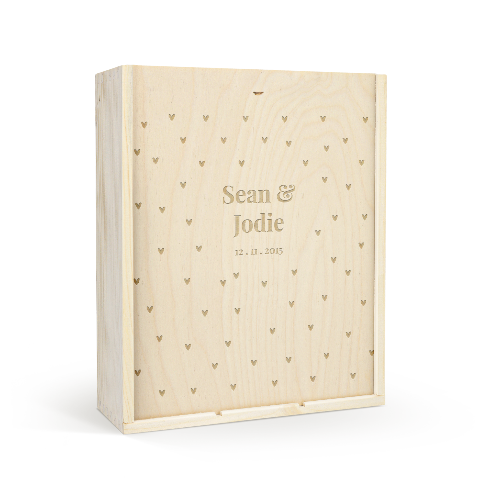 Caixa de madeira personalizada para conjunto de vinho com copos, gravada com "Sean & Jodie" e "12.11.2015"