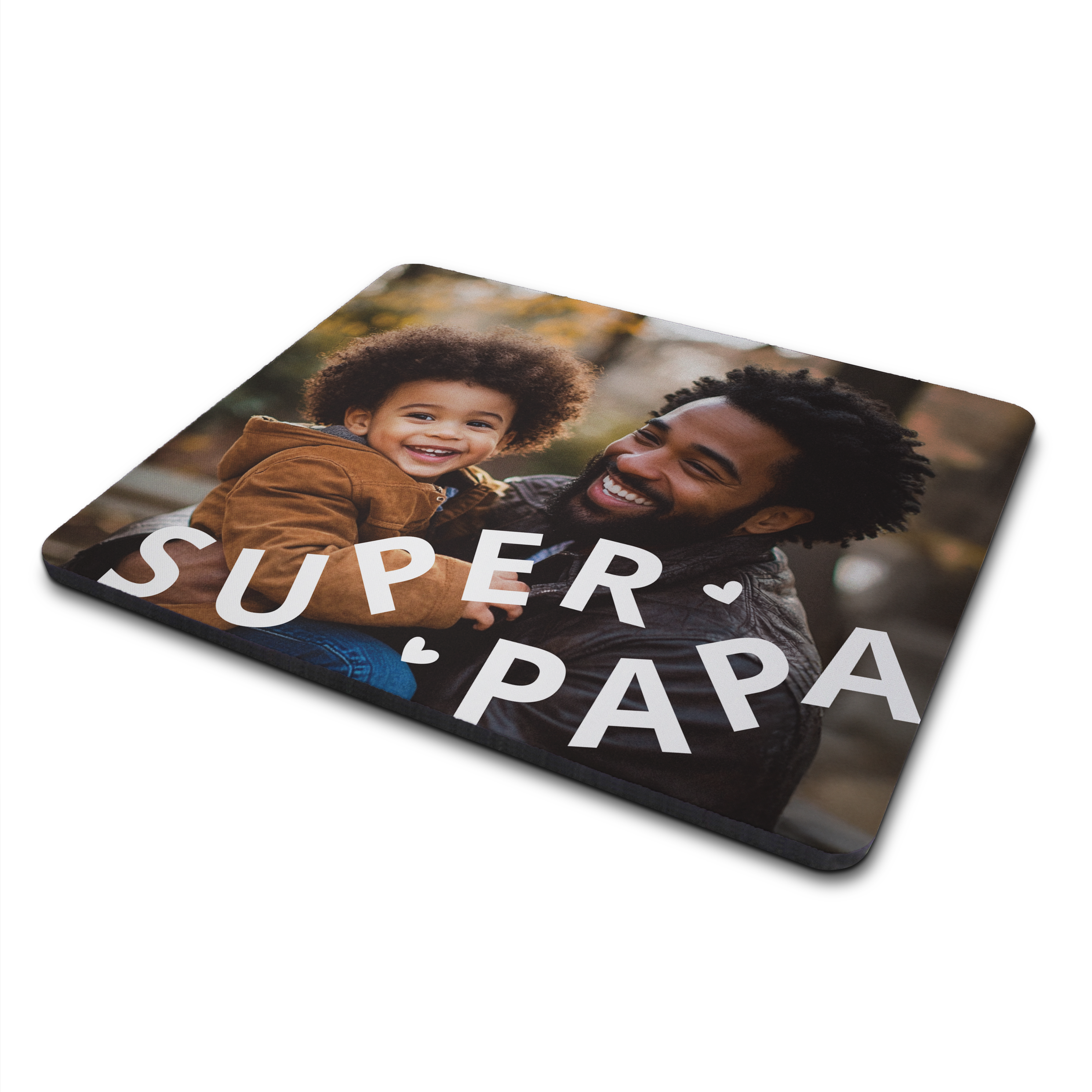 Tapis de souris personnalisé - Classique imprimé avec la photo d'un père et son enfant souriants et le texte Super Papa en blanc.