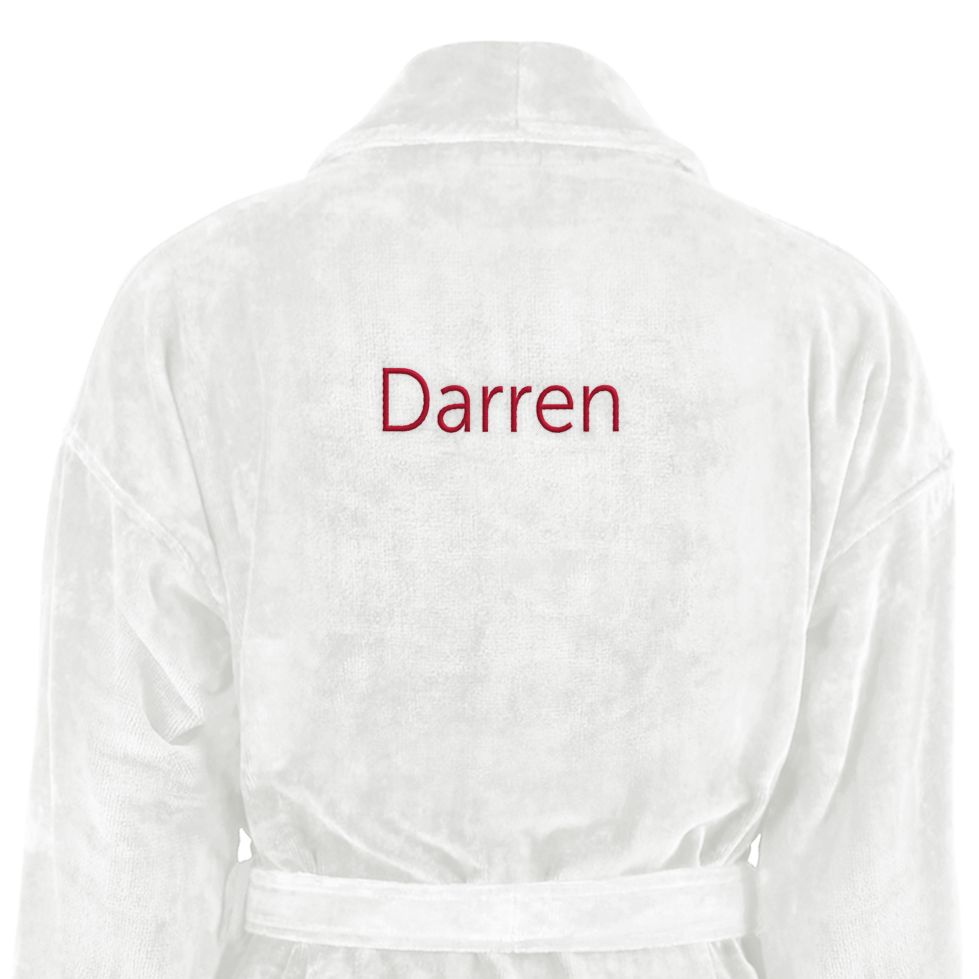 White soft bathrobe embroidered with the name Darren in red text, showing the back of the robe