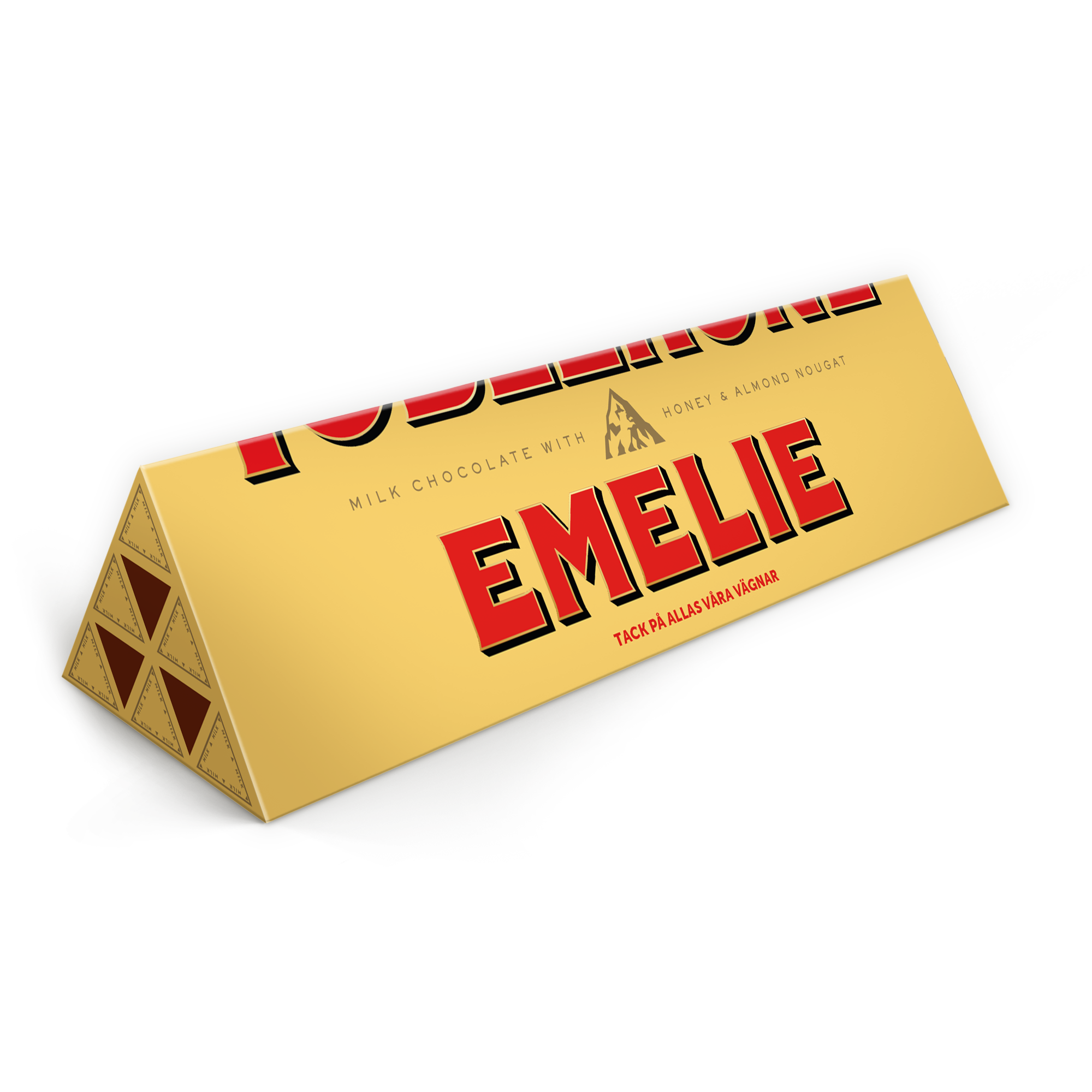 Personlig Toblerone-kaka - 1800 gram med namn Emelie och texten "Tack på allas våra vägnar" tryckt i rött på den gula förpackningen.