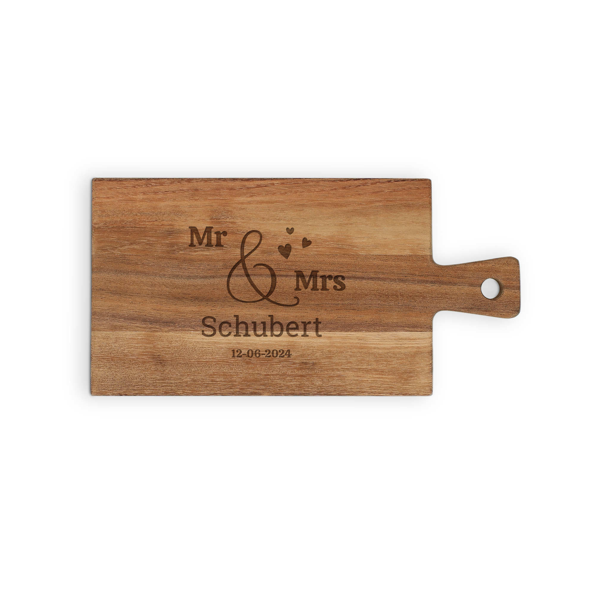 Personalisiertes Servierbrett aus Holz, graviert mit Mr & Mrs, Schubert und dem Datum 12-06-2024