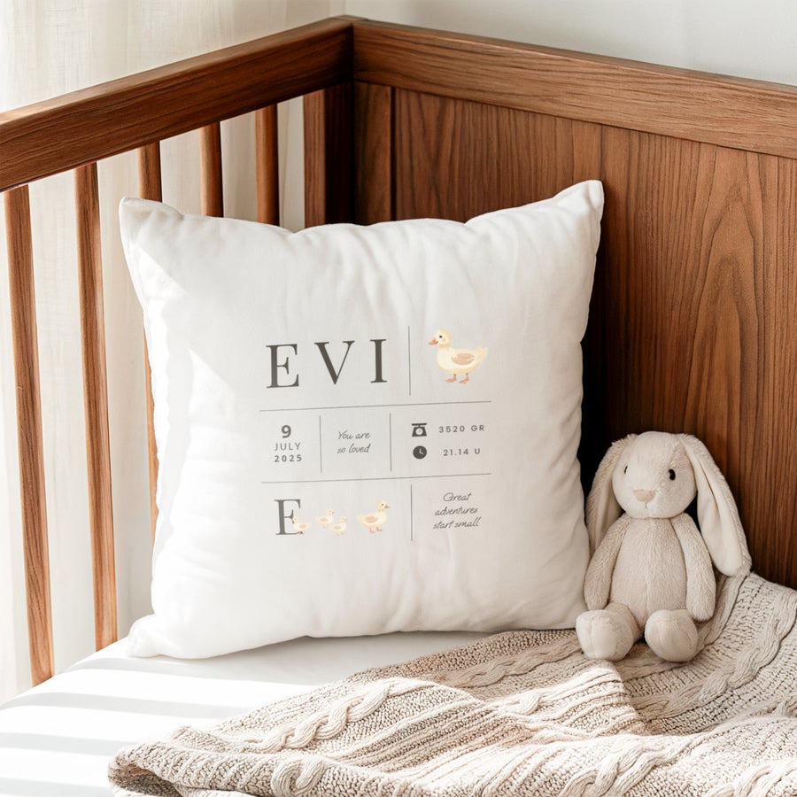 Coussin de naissance bébé personnalisé - 40x40 cm Coussin blanc bébé personnalisé avec le nom EVI et les données de naissance imprimées
