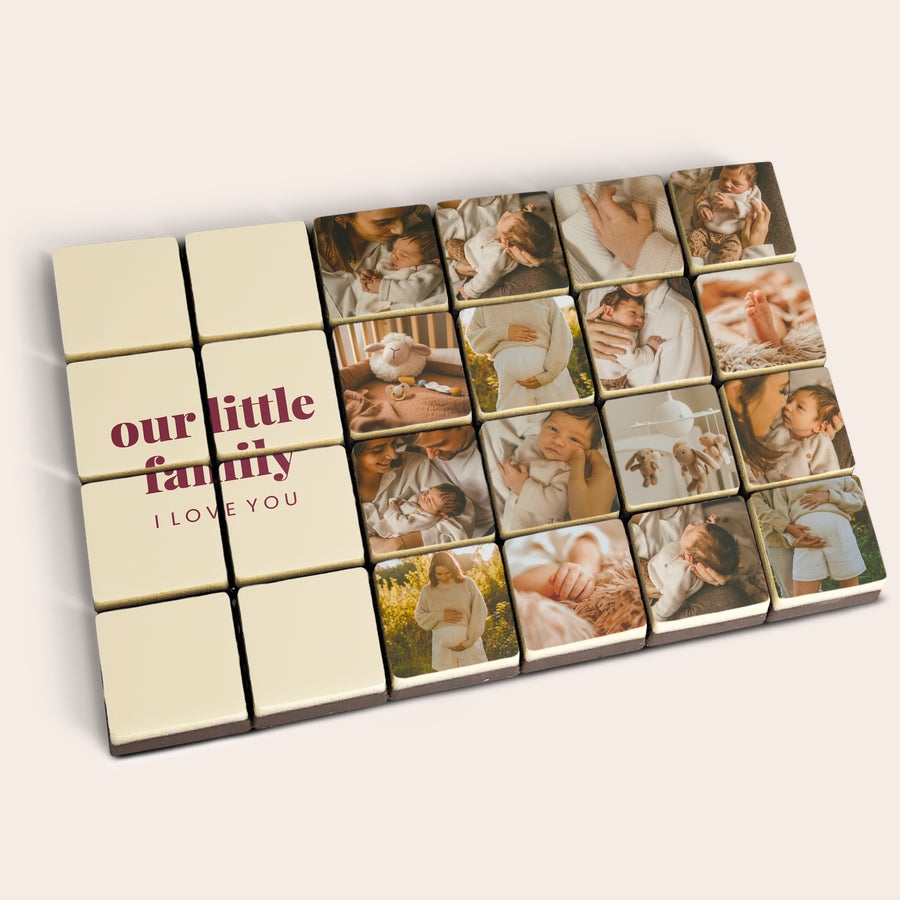 Chokolade blokke med billede Sæt med 24 personlige chokolader med dit yndlingsbillede trykt og teksten our little family I LOVE YOU