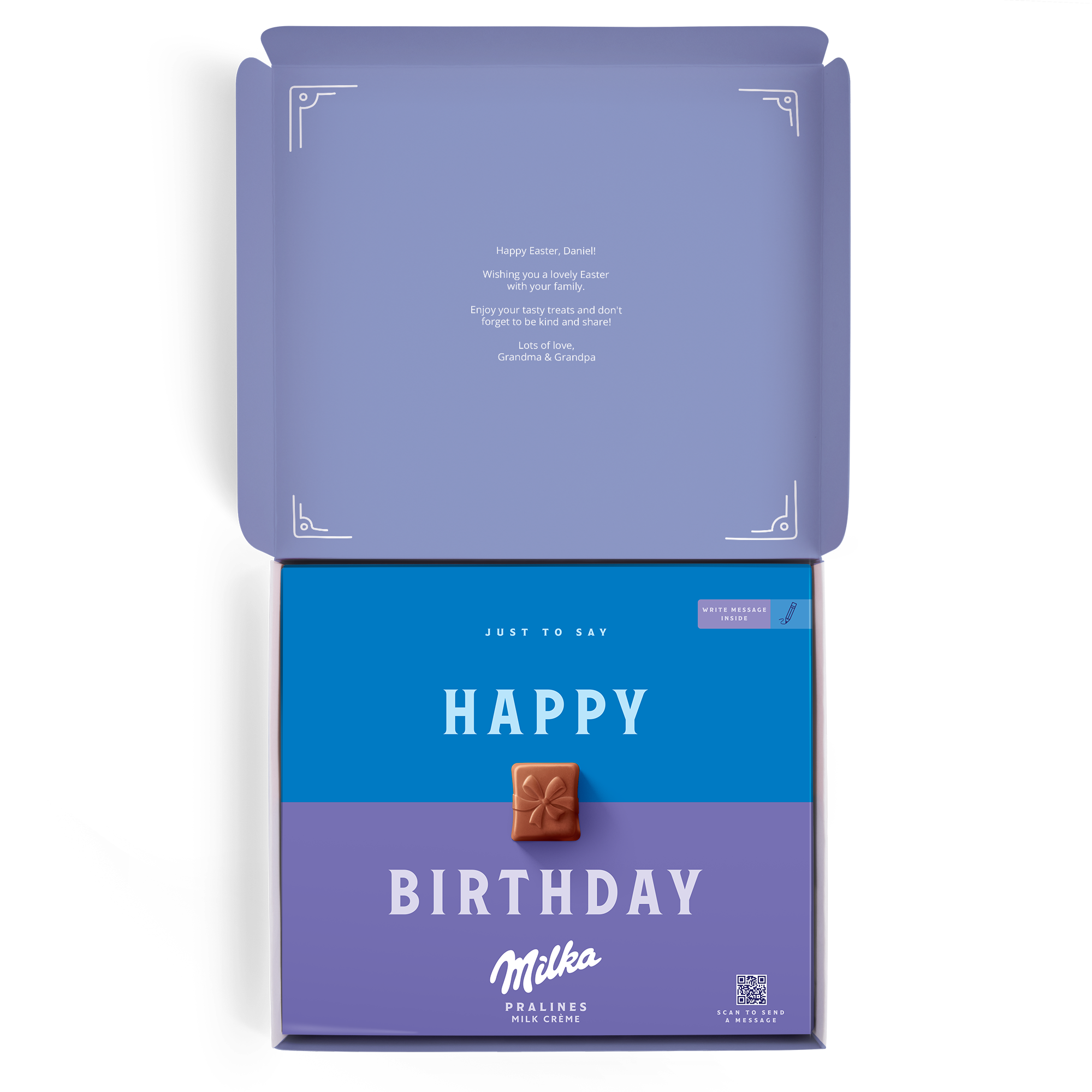 Personalizowane pudełko upominkowe Milka z napisem Happy Birthday i dedykacją Wesołych Świąt Wielkanocnych