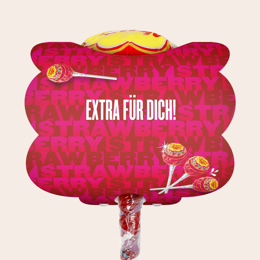Mega Chupa Chups – personalisiert Mega Chupa Chups personalisiert Erdbeere 20 Lollis mit eigenem Text wie "EXTRA FÜR DICH!" auf rosafarbenem Design.