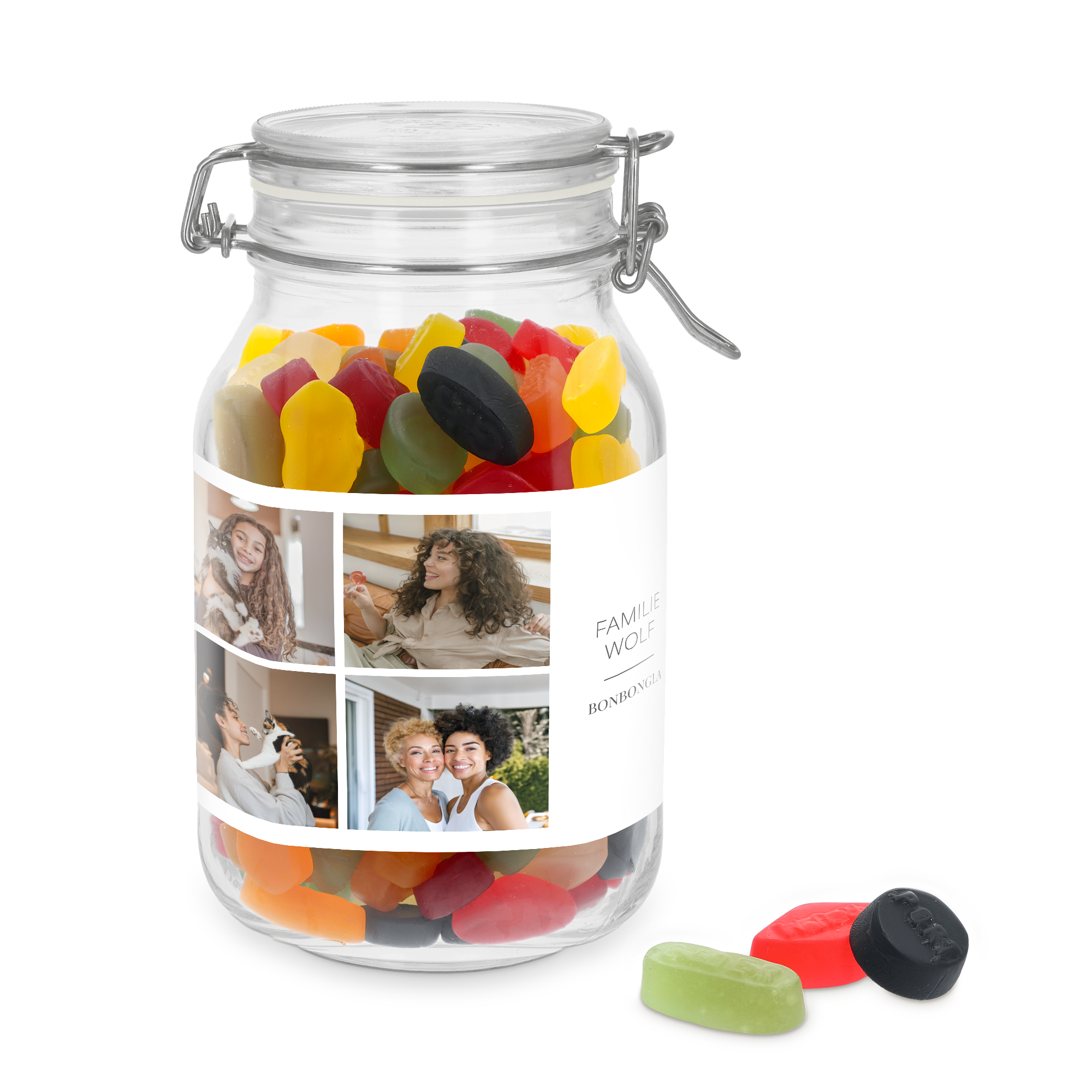 Personalisiertes Bonbonglas mit Weingummi, bedruckt mit fünf Fotos und dem Namen Familie Wolf