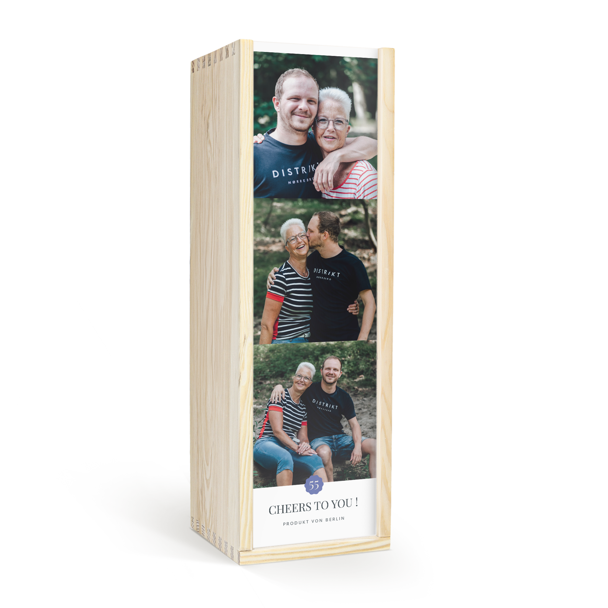 Personalisierte Weinkiste mit Foto für eine Magnumflasche bedruckt mit einer Collage von 3 Fotos und Text