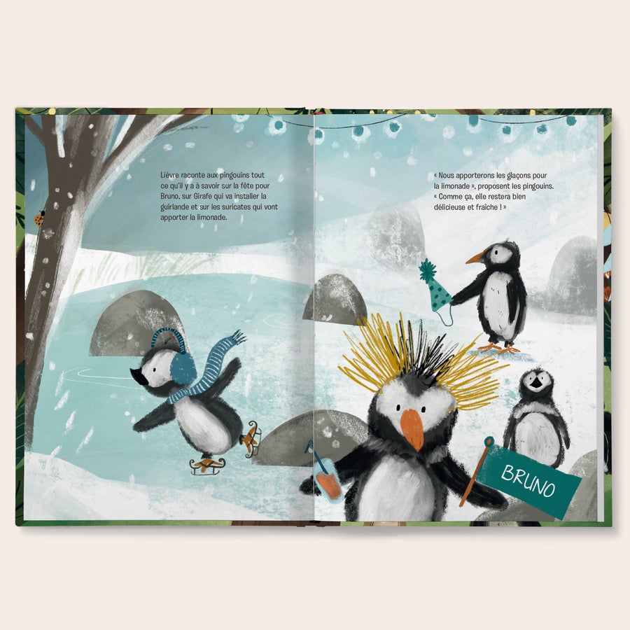 Le Grand Livre de Fête - Livre personnalisé Le Grand Livre de Fête - Livre personnalisé avec couverture souple, pages ouvertes montrant des pingouins avec le prénom Bruno.
