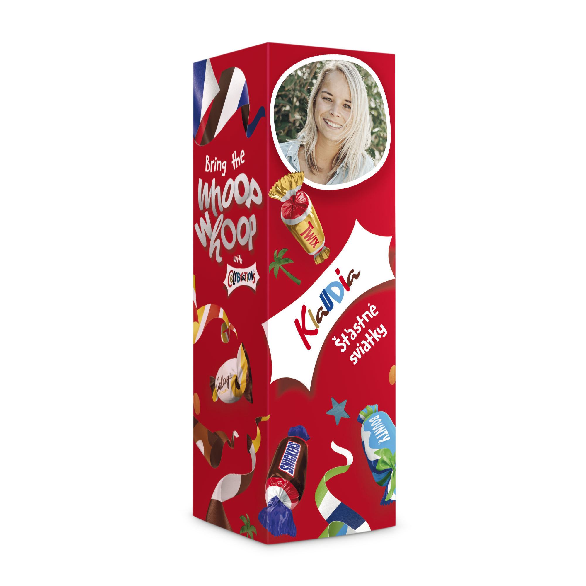 Osobná fľaša Celebrations so sladkosťami a potlačenou fotografiou s textom Klaudia šťastné sviatky.