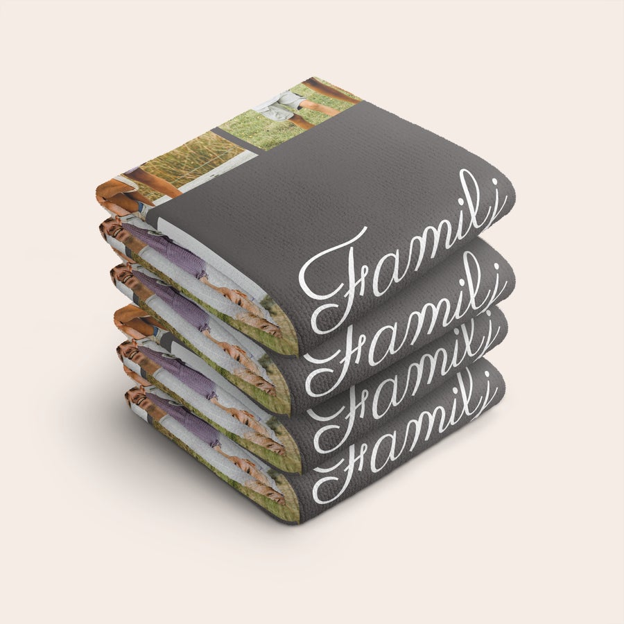 Personligt handduksset Personlig gästhandduk 30 x 50 i 4-pack med broderad text Familj och tryckt foto på handdukens kant.