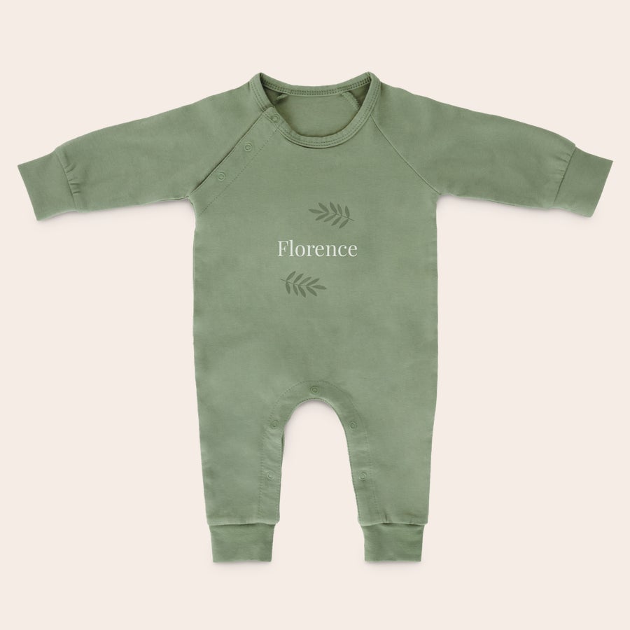 Body de bebé Impreso Body personalizado de bebé verde menta con mangas largas, estampado con el nombre Florence y hojas decorativas.