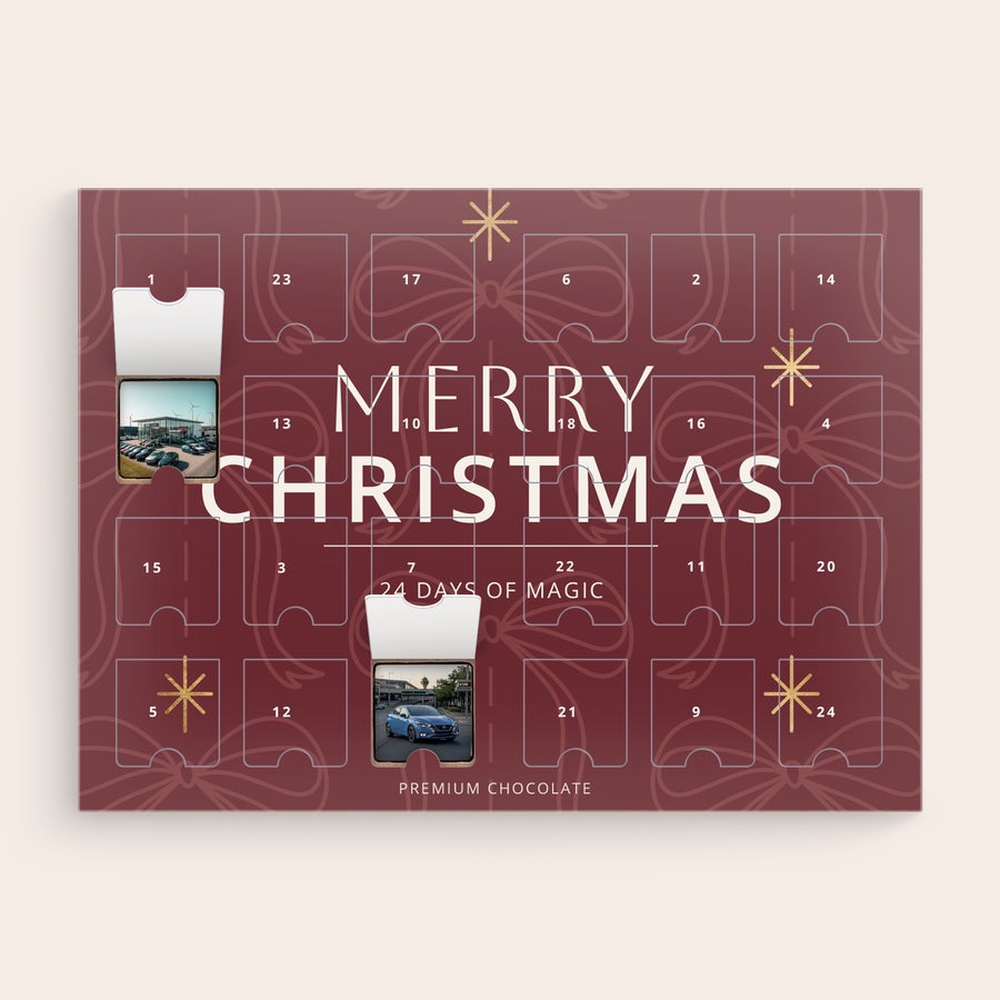 Calendário do advento personalizado - Chocolates com fotos Calendário do advento de chocolates com fotos personalizadas, com fotos visíveis, "MERRY CHRISTMAS" e "24 DAYS OF MAGIC" impressos.