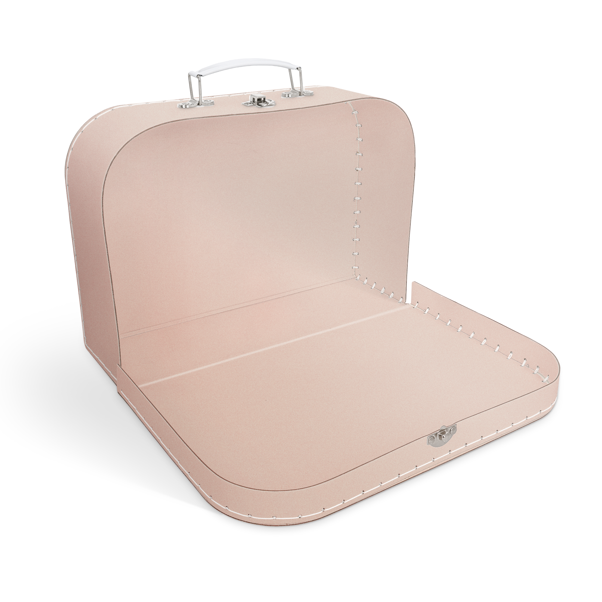 Personlig leksaksväska - Vit - Stor, öppen beige resväska med vitt handtag och metallspännen, redo att anpassas med tryckt text eller bild.