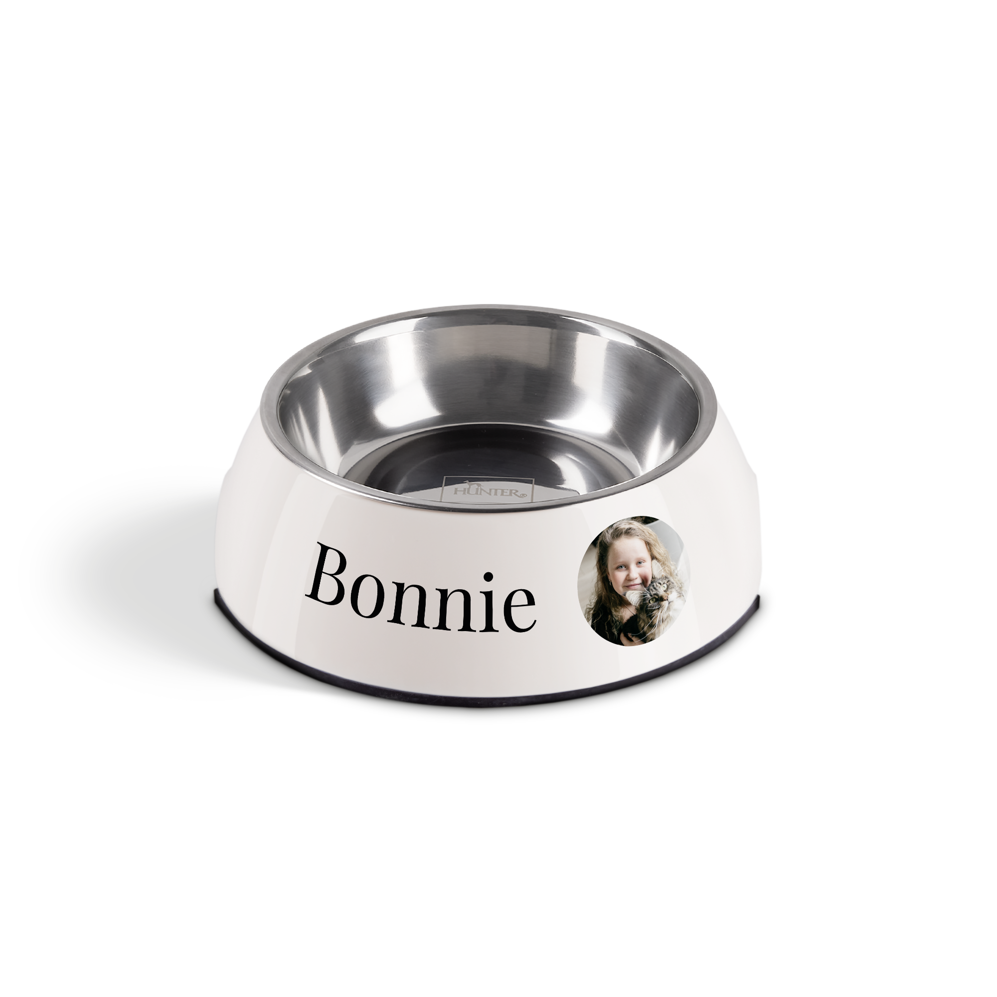 Gamelle de nourriture pour chat personnalisée avec le nom Bonnie et une photo imprimée d'une fille avec un chat