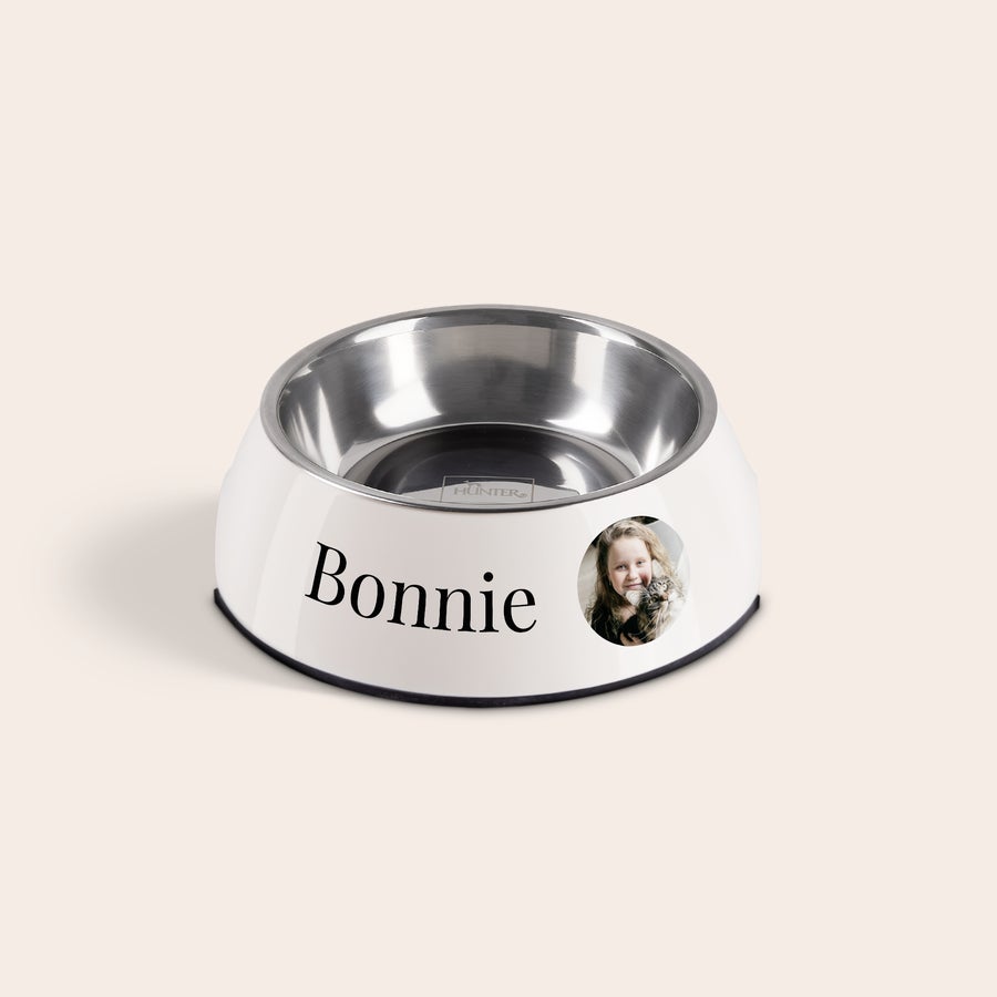 Personalizowana miska dla kota Biała miska na karmę dla kota ze zdjęciem dziewczynki z kotem i imieniem Bonnie