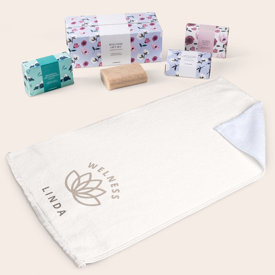 Conjunto de sabonetes com toalha de mãos personalizada Conjunto de sabonetes com toalha de mãos personalizada