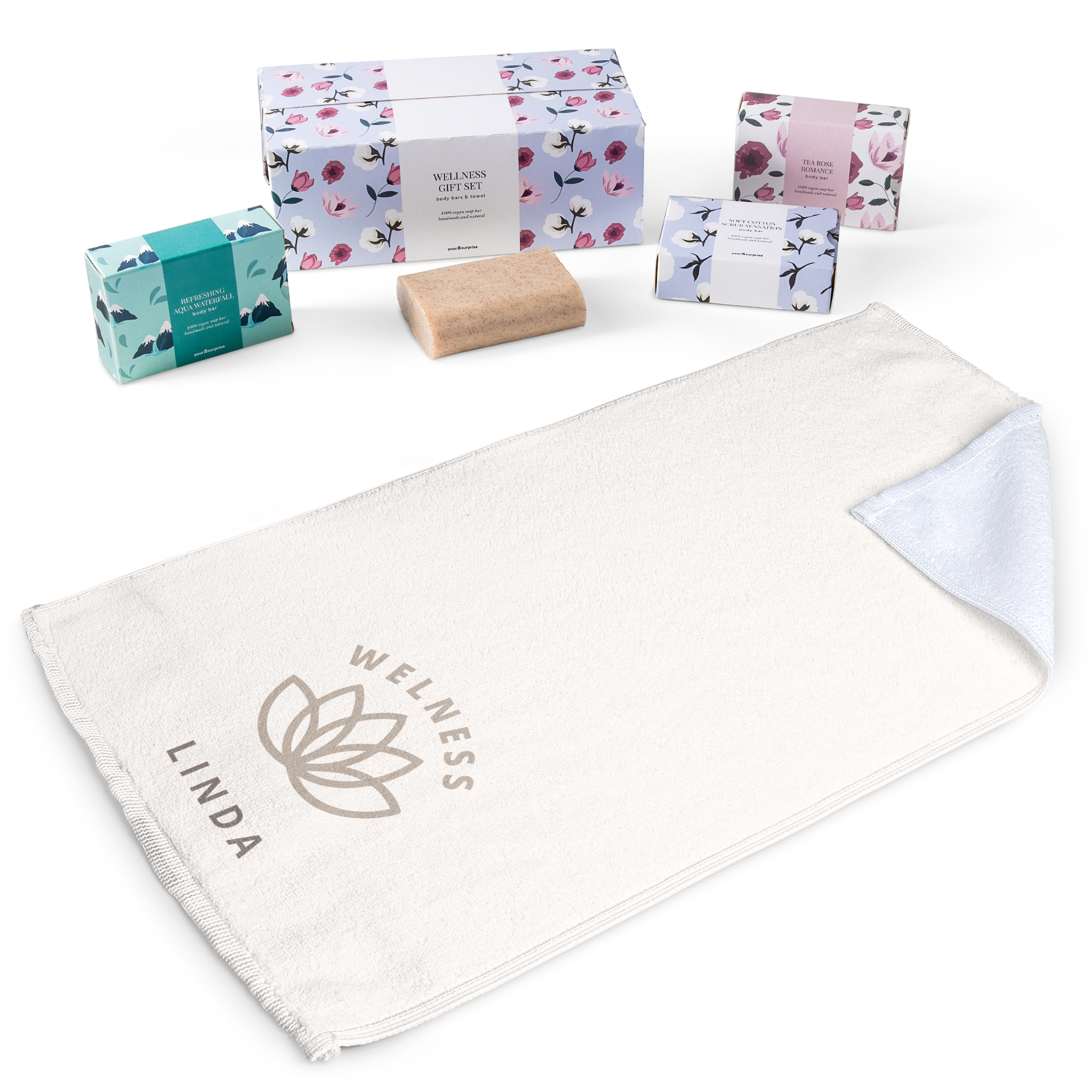 Geschenkset mit Seife und bedrucktem Handtuch