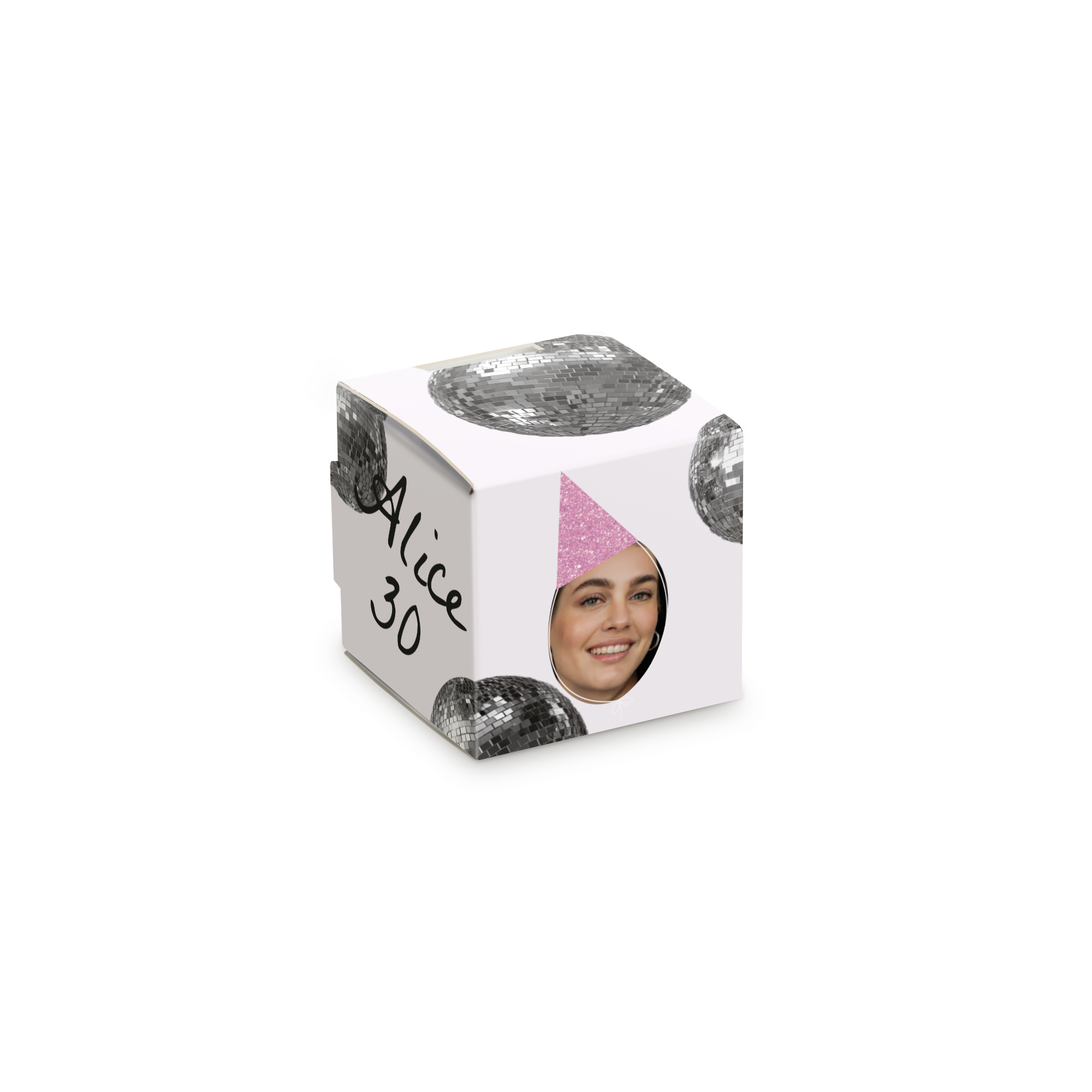 Boîte à sucettes 20 pièces personnalisée avec photo et texte Alice 30, design boule disco