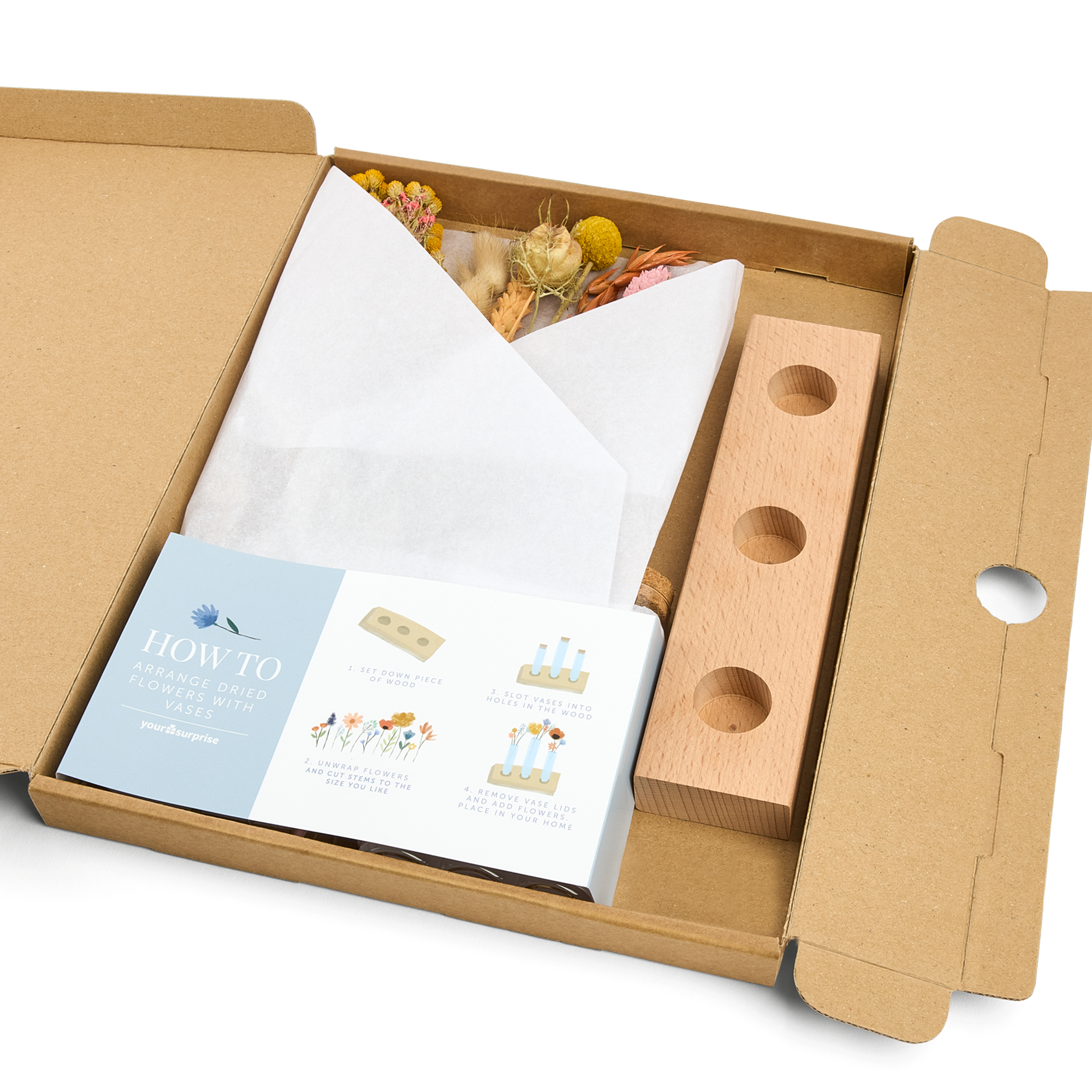 Fleurs séchées avec support en bois personnalisé