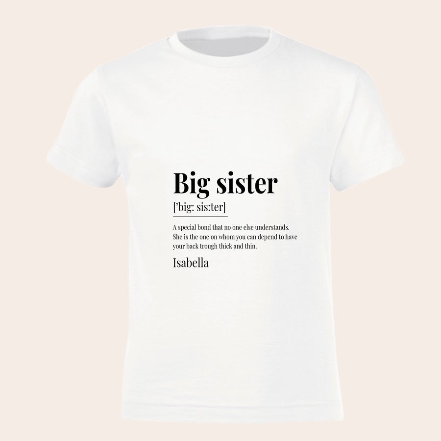 T-Shirt bedrucken - großer Bruder/große Schwester Weisses Kinder T-Shirt mit "Big sister" und "Isabella" bedruckt, ideal für die Schwangerschaftsverkündung.
