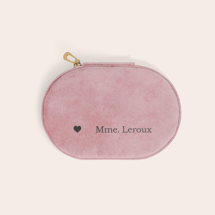 Boîte à bijoux personnalisée prénom Boîte à bijoux personnalisée prénom - Ovale - Rose avec fermeture éclair dorée et texte